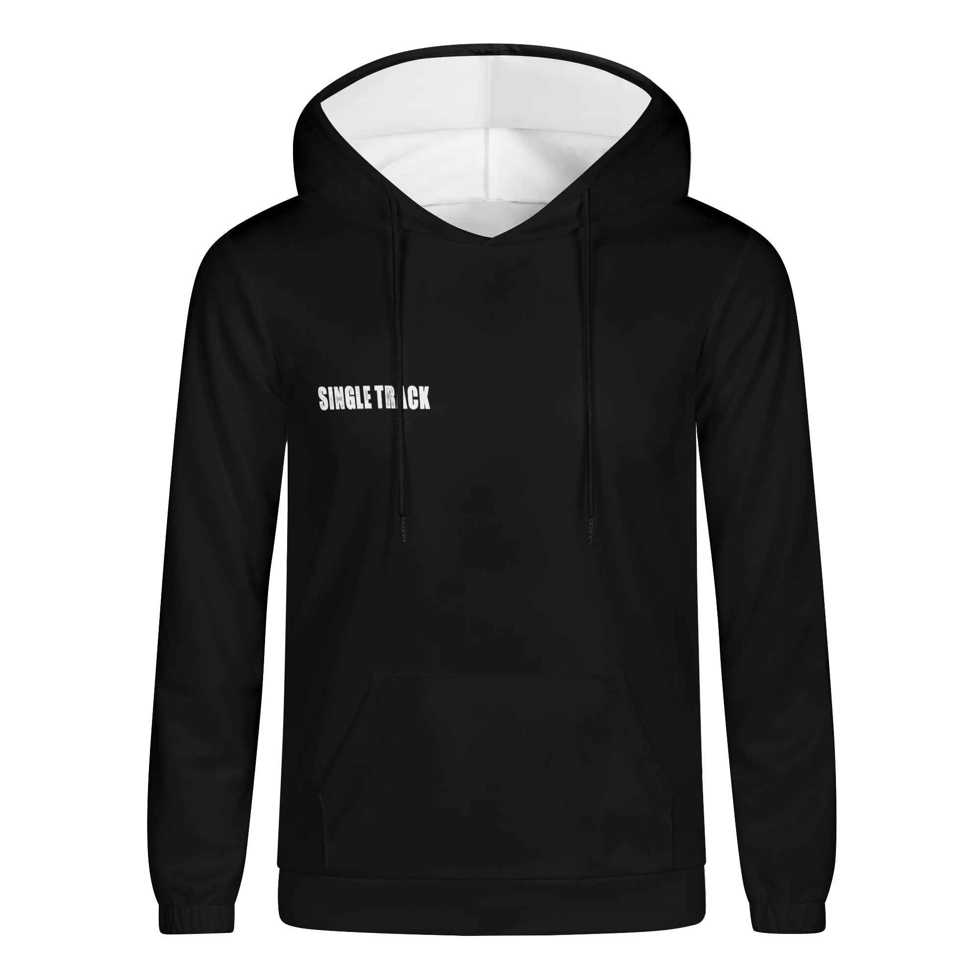 Black men's hoodie with white inner hood and 'Single Track' text, made for comfort and everyday use.