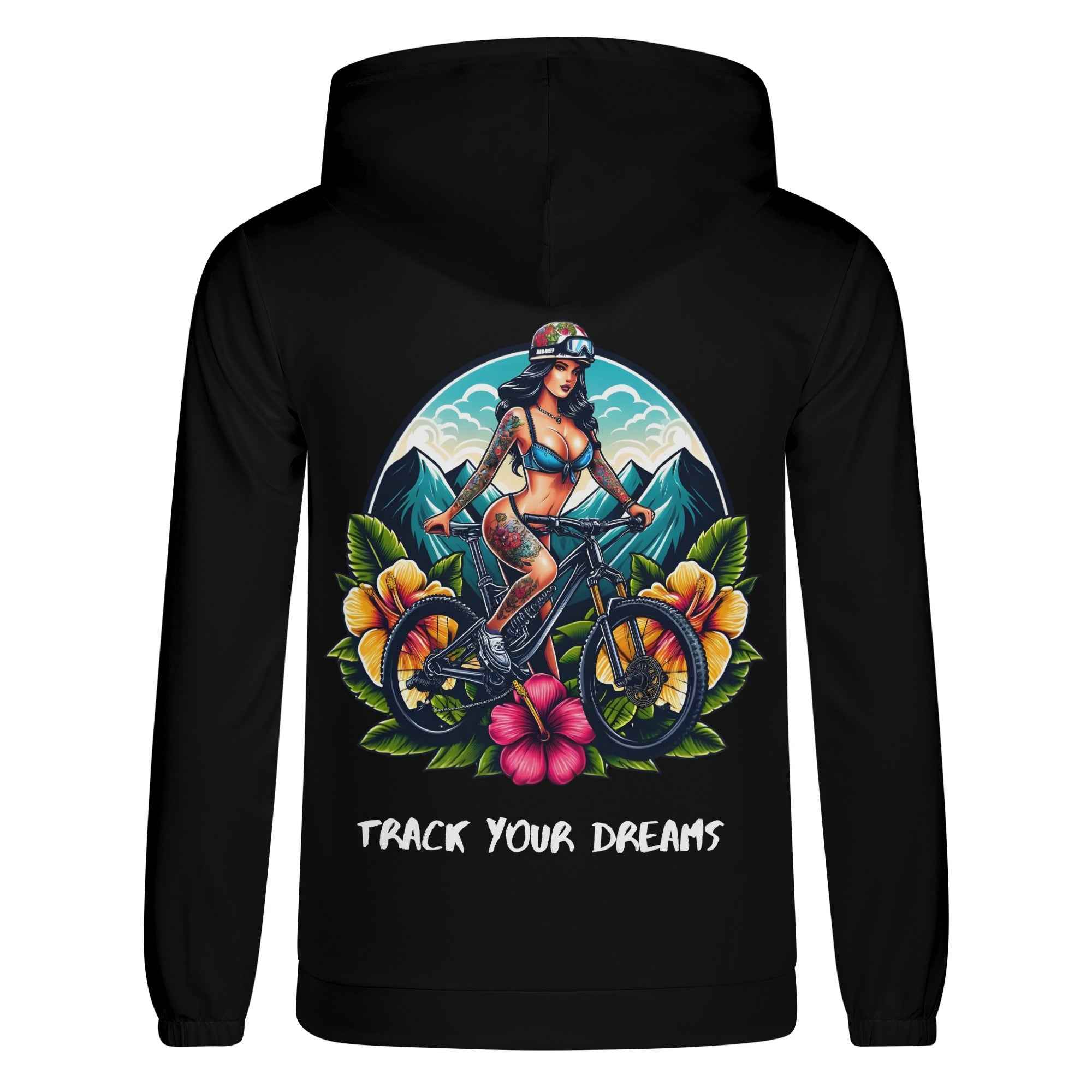 Detailed back design of men's hoodie featuring tattooed girl on mountain bike with vibrant floral art and 'Track Your Dreams' message.