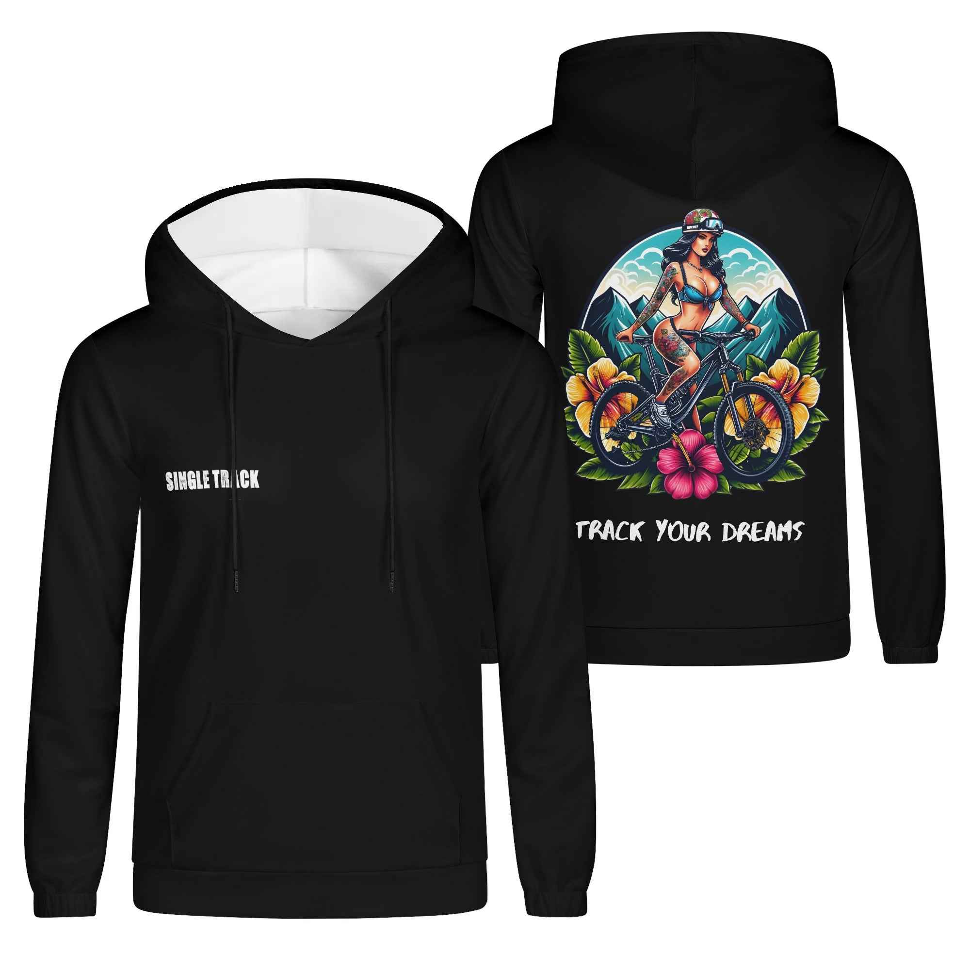 Men's hoodie with tattoo girl cycling design and 'Track Your Dreams' slogan, ideal for daily wear and made from durable polyester.