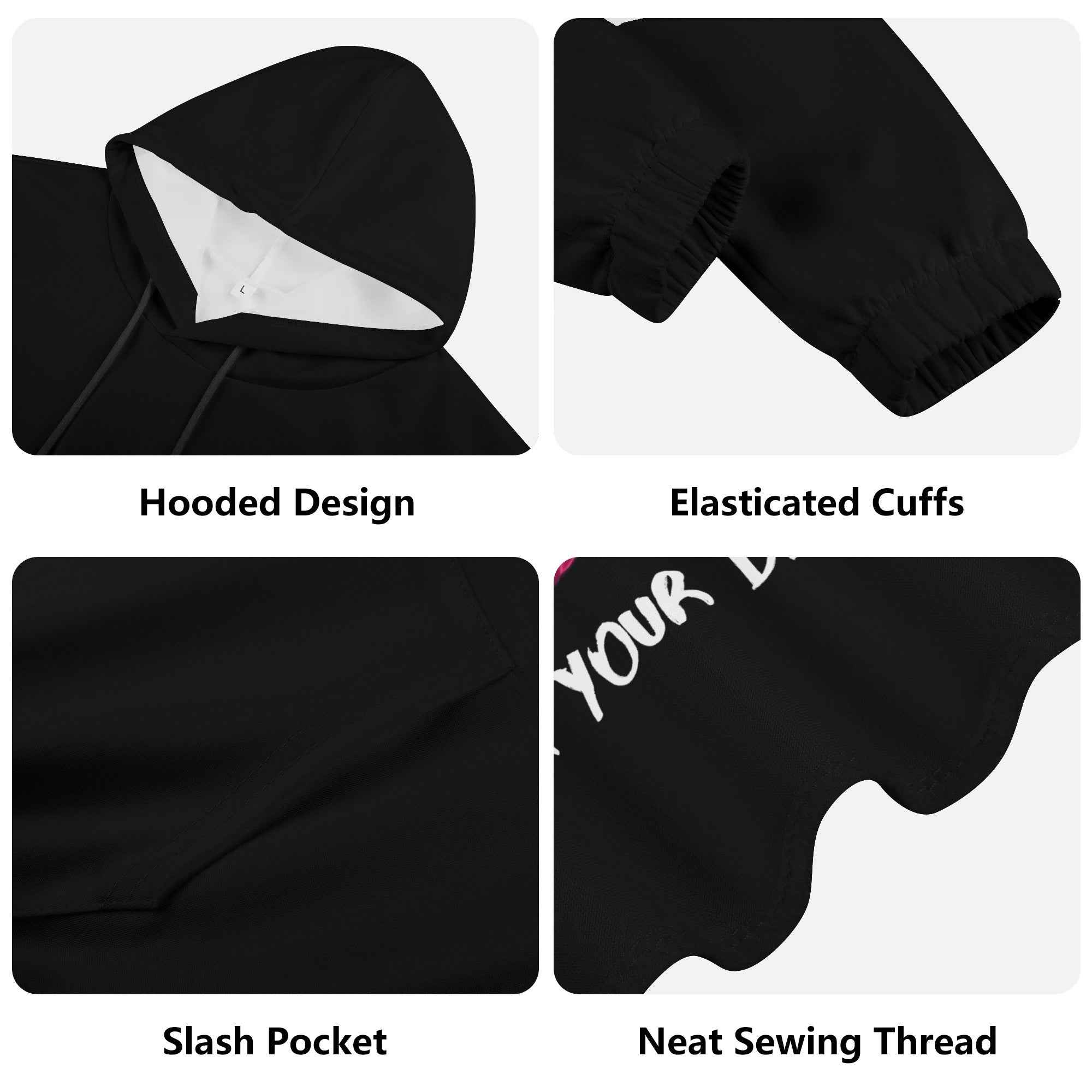 Close-up collage of men's hoodie details including hooded design, elastic cuffs, slash pocket, and neat stitching.