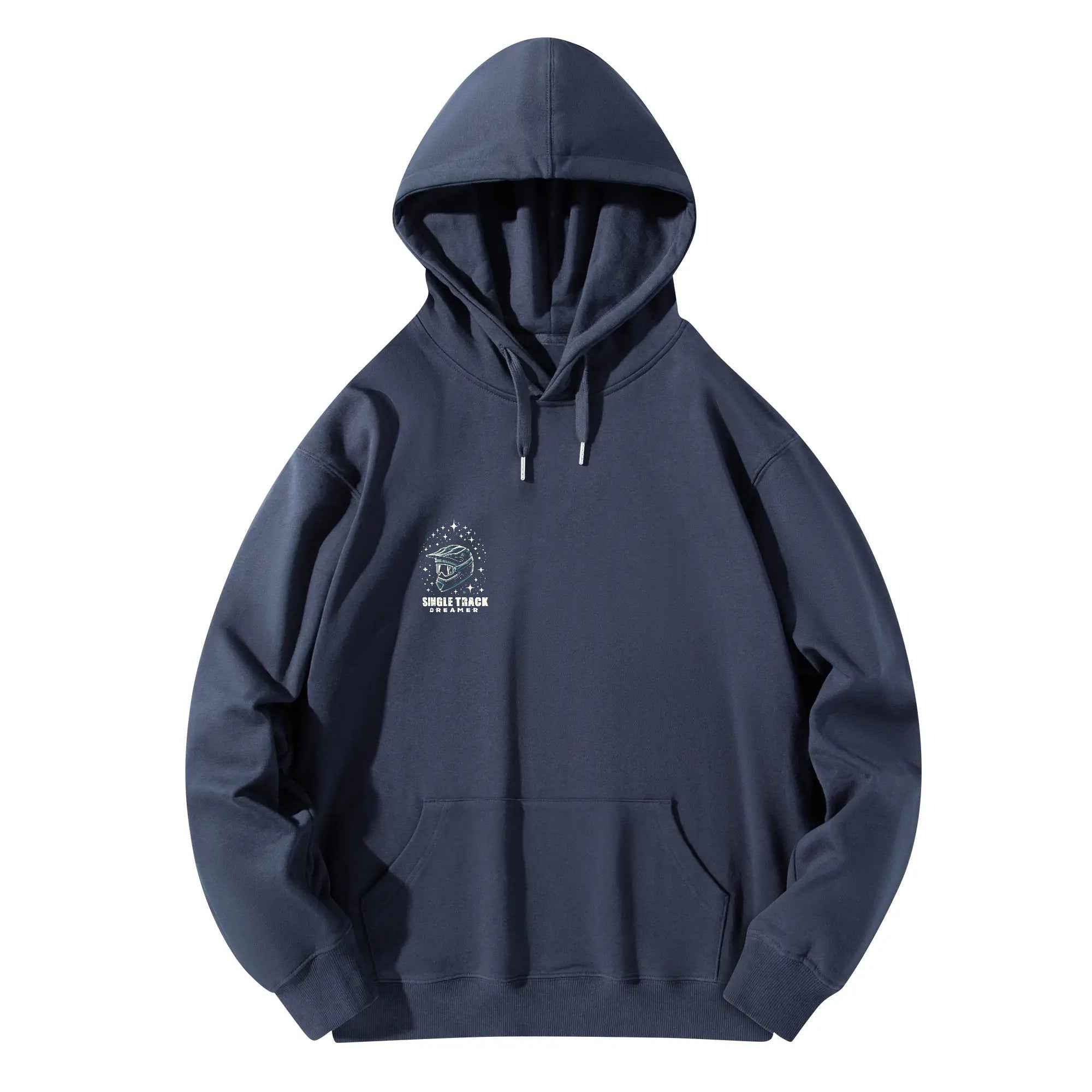 Flat lay of navy mens cotton hoodie stars pullover showing front design and kangaroo pocket. Comfortable and soft for everyday wear.