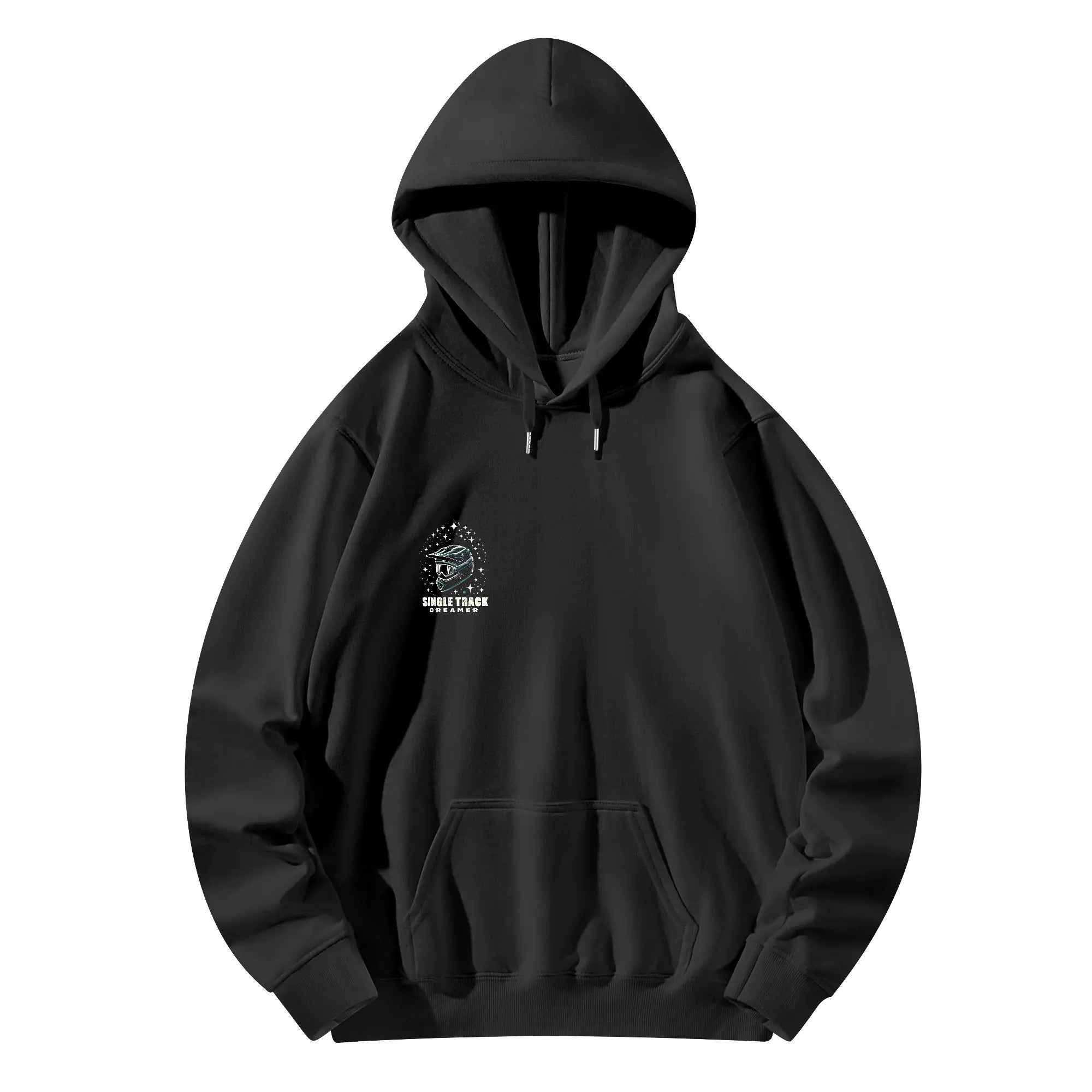 Flat lay of black mens cotton hoodie stars pullover showing front pocket and logo. Comfortable and warm for daily outfits.