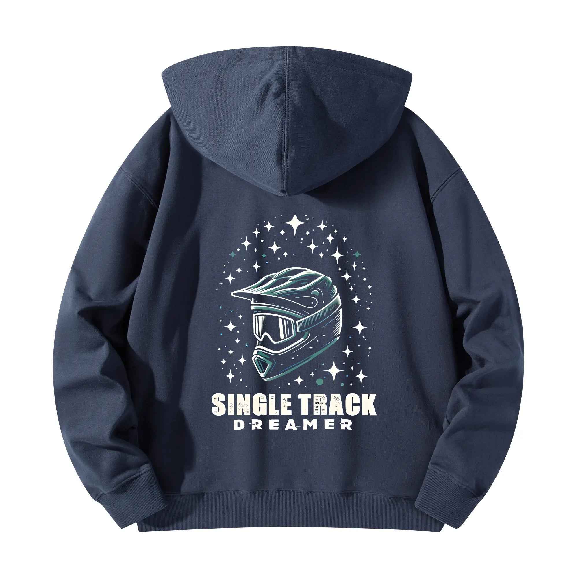Flat lay back of navy mens cotton hoodie stars pullover with bold helmet graphic and star accents. Great for casual and sporty looks.