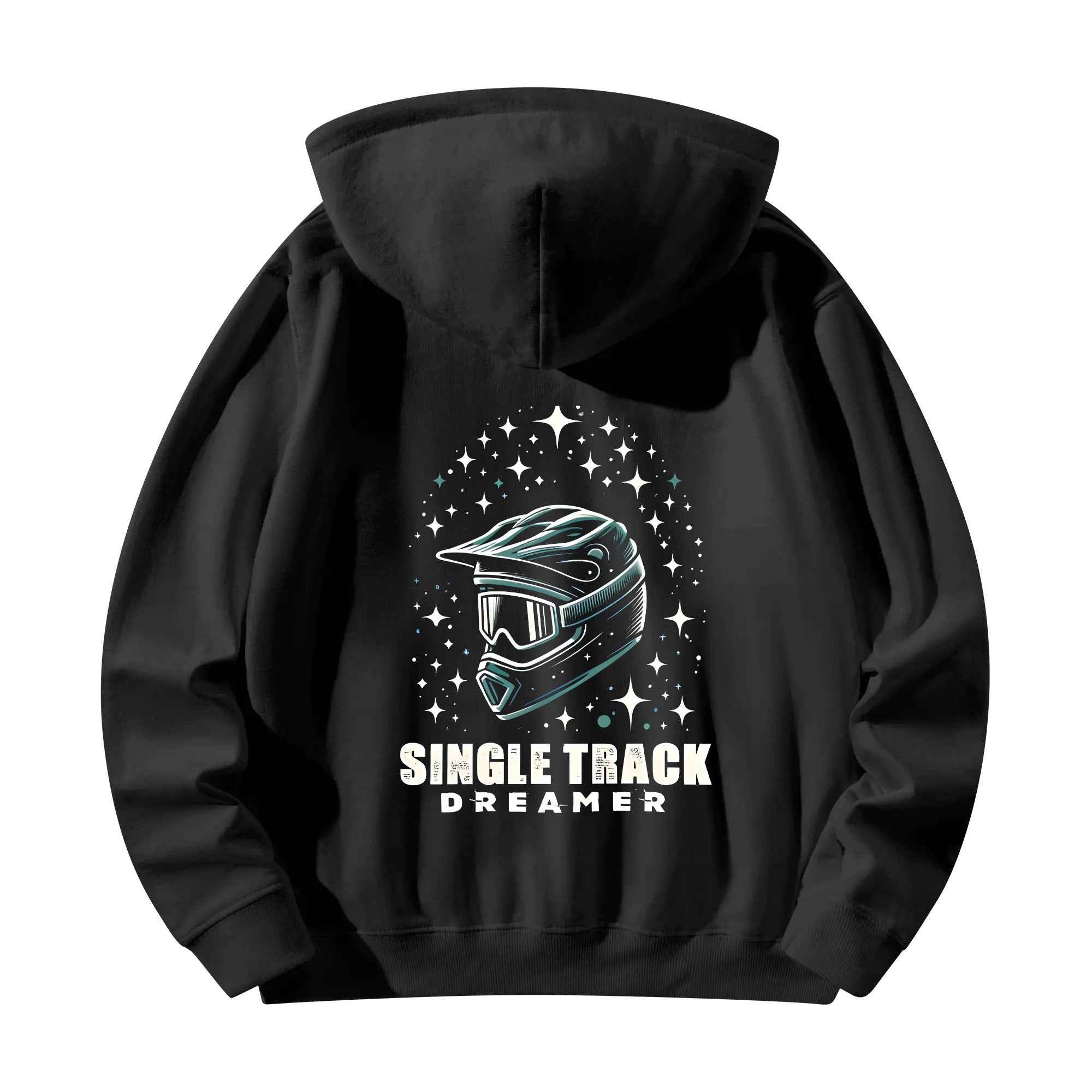 Flat lay back of black mens cotton hoodie stars pullover with bold helmet and stars print. Stylish and soft for casual fashion.
