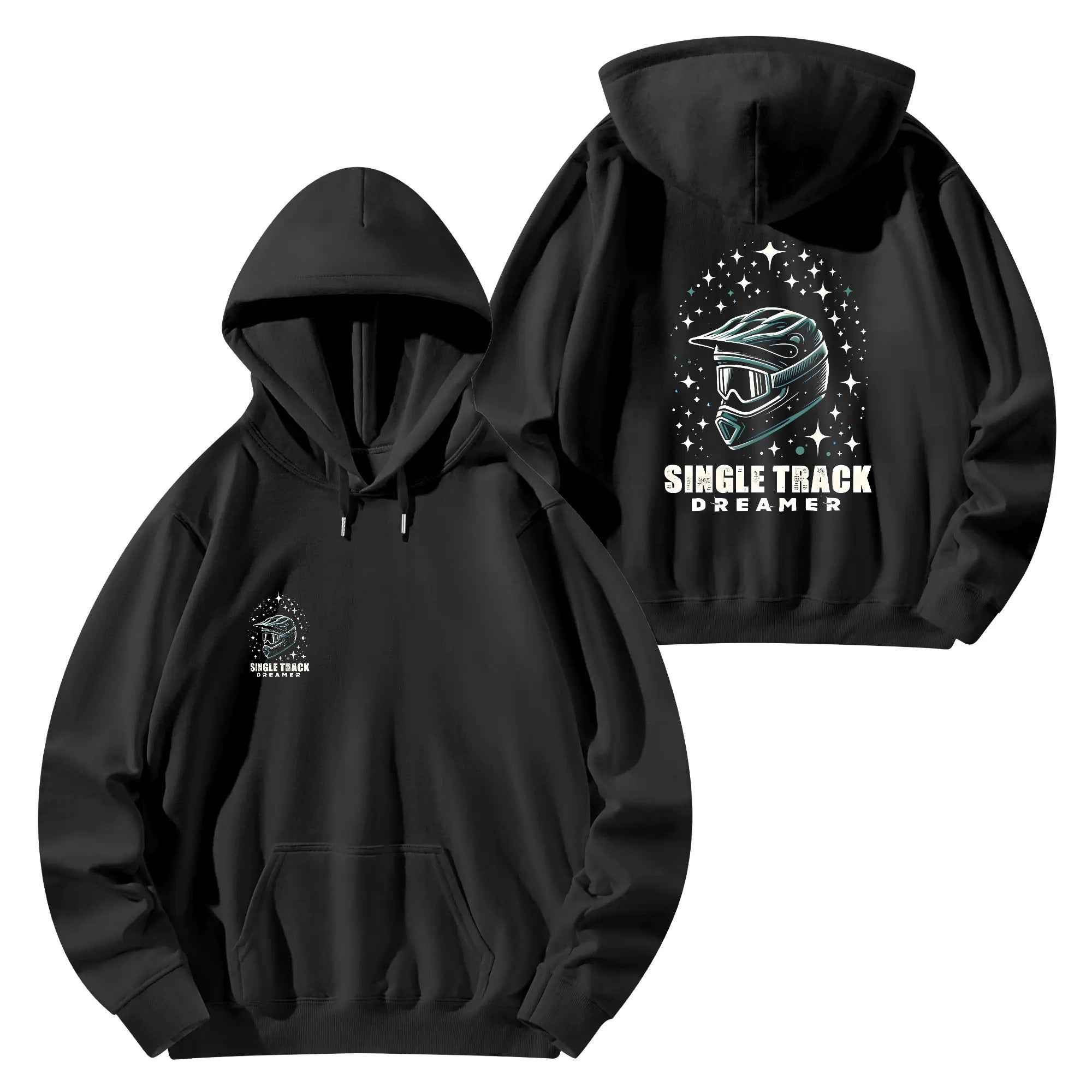 Mens cotton hoodie stars pullover in black with helmet graphic and 'Single Track Dreamer' text. Cozy and stylish for any season.