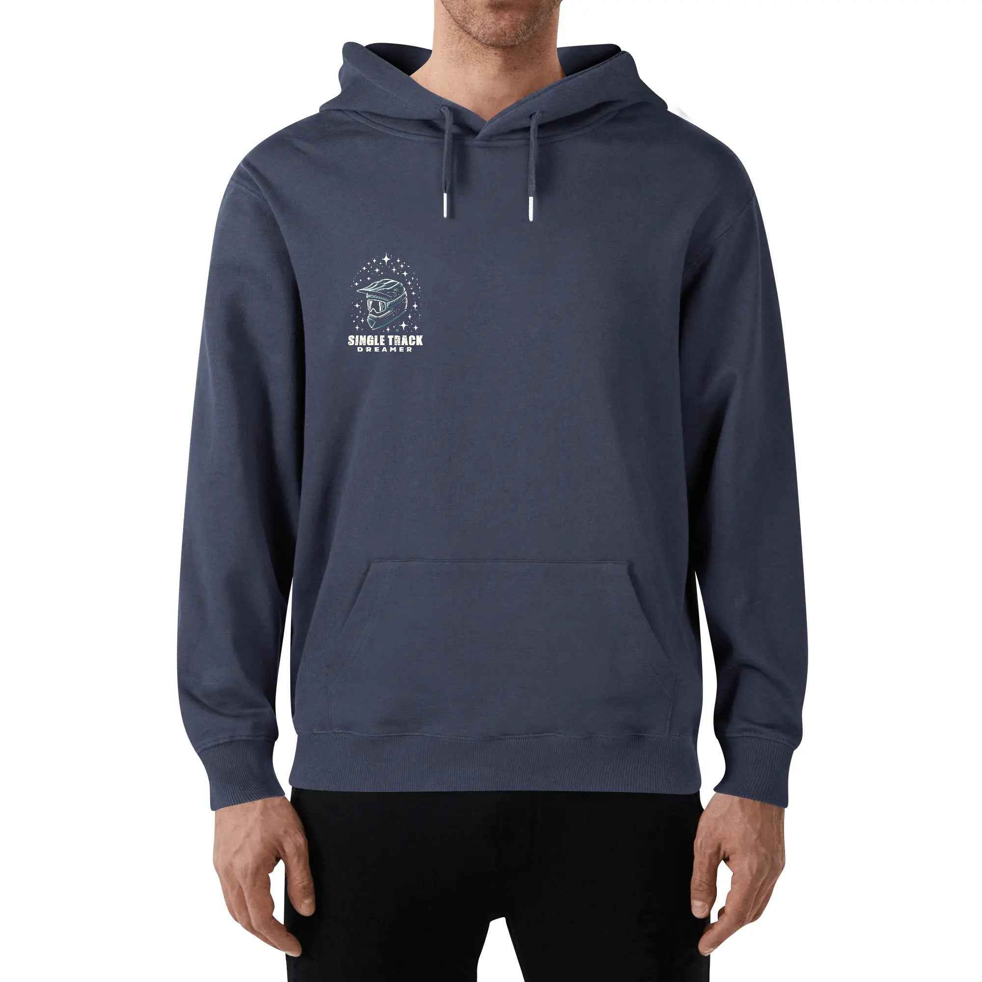 Front view of navy mens cotton hoodie stars pullover with small helmet logo. Soft and stylish for casual fashion occasions.