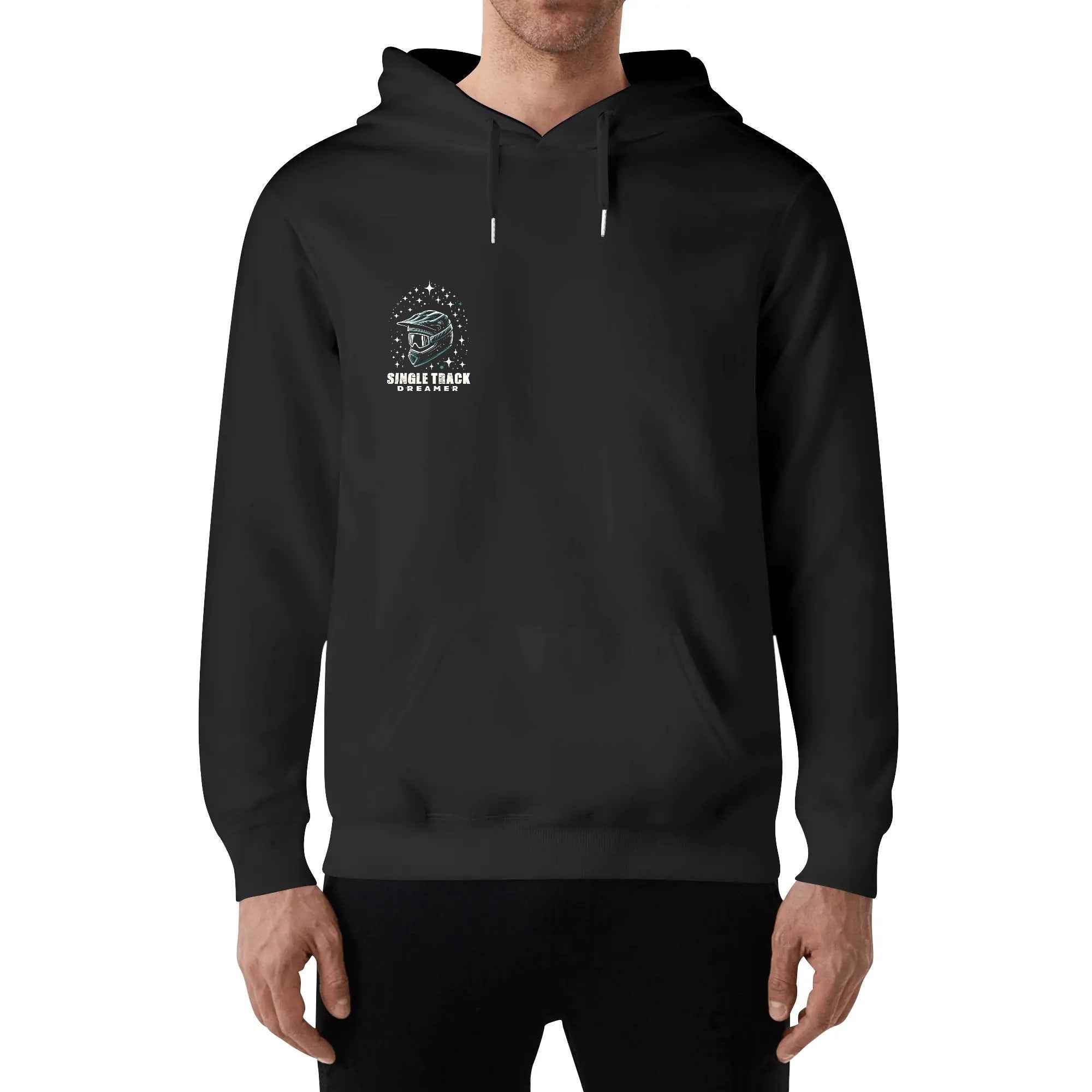Front view of black mens cotton hoodie stars pullover with small chest logo. Soft fabric and modern fit for casual wear.