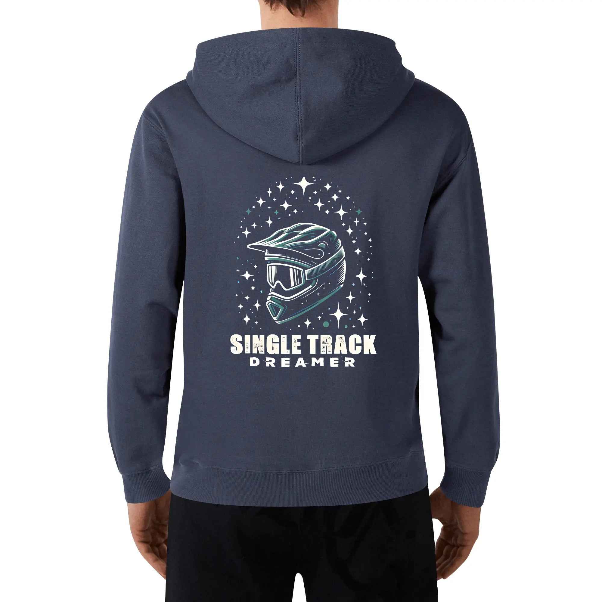 Back view of navy mens cotton hoodie stars pullover featuring large helmet and 'Single Track Dreamer' text. Ideal for trendy streetwear.