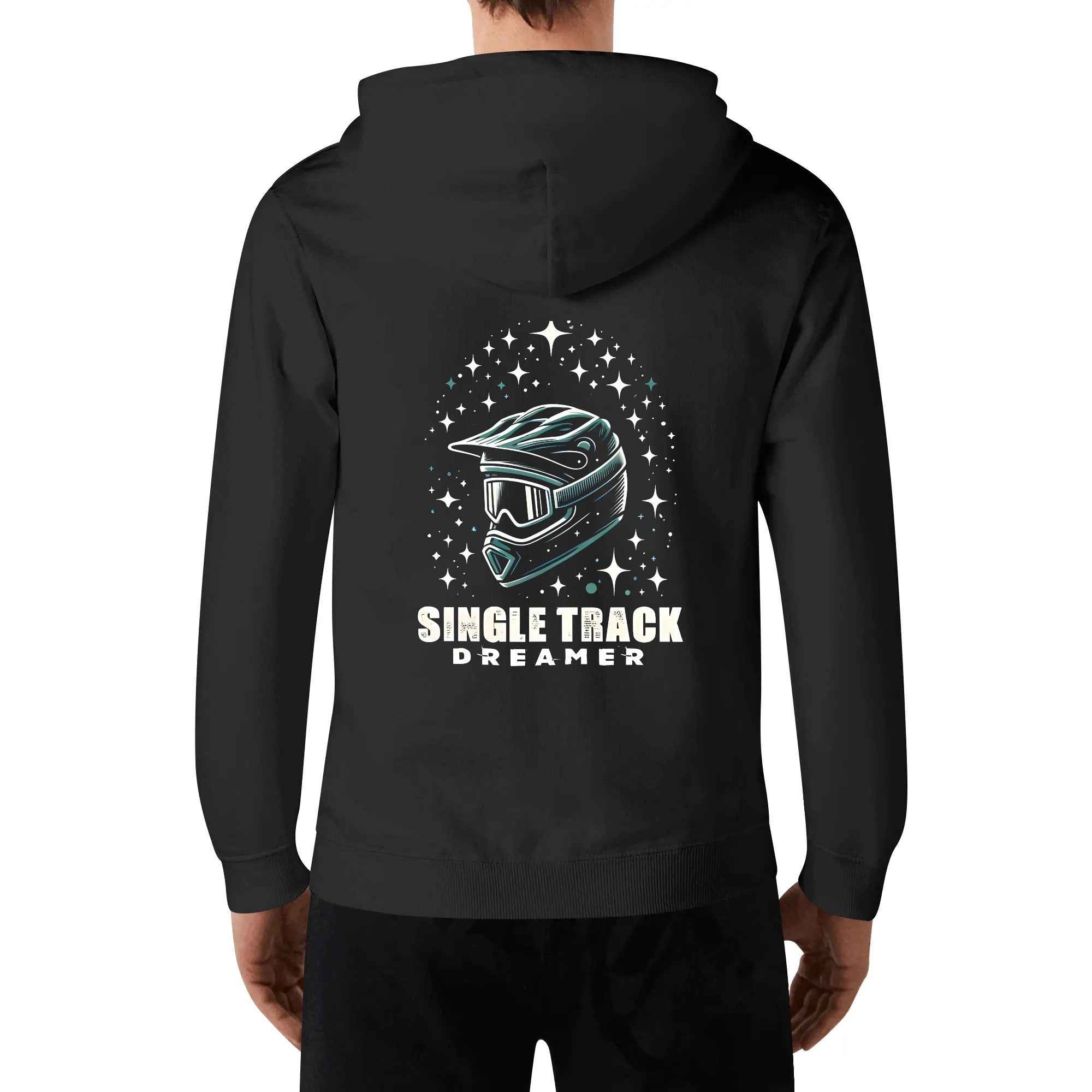 Back view of black mens cotton hoodie stars pullover with large helmet design. Perfect for fashion-forward streetwear.