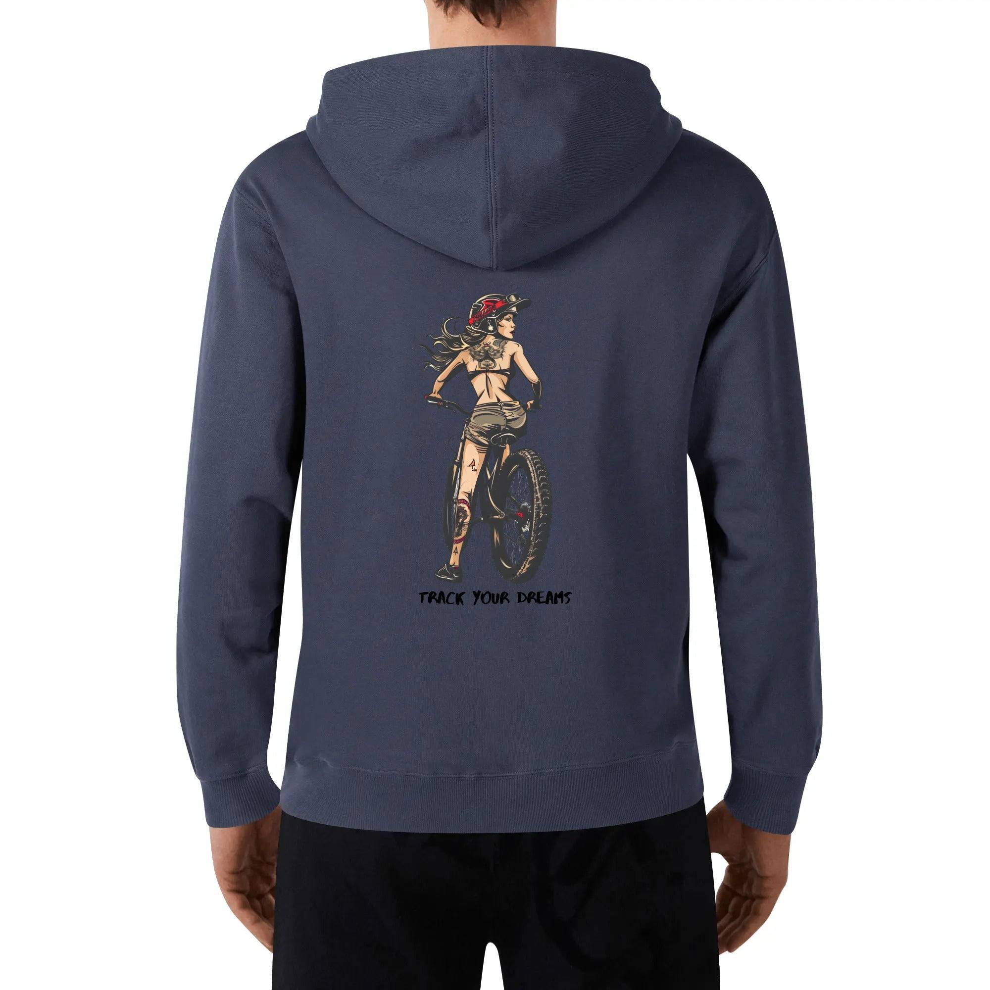 a man wearing a blue hoodie with an image of a woman on a bike