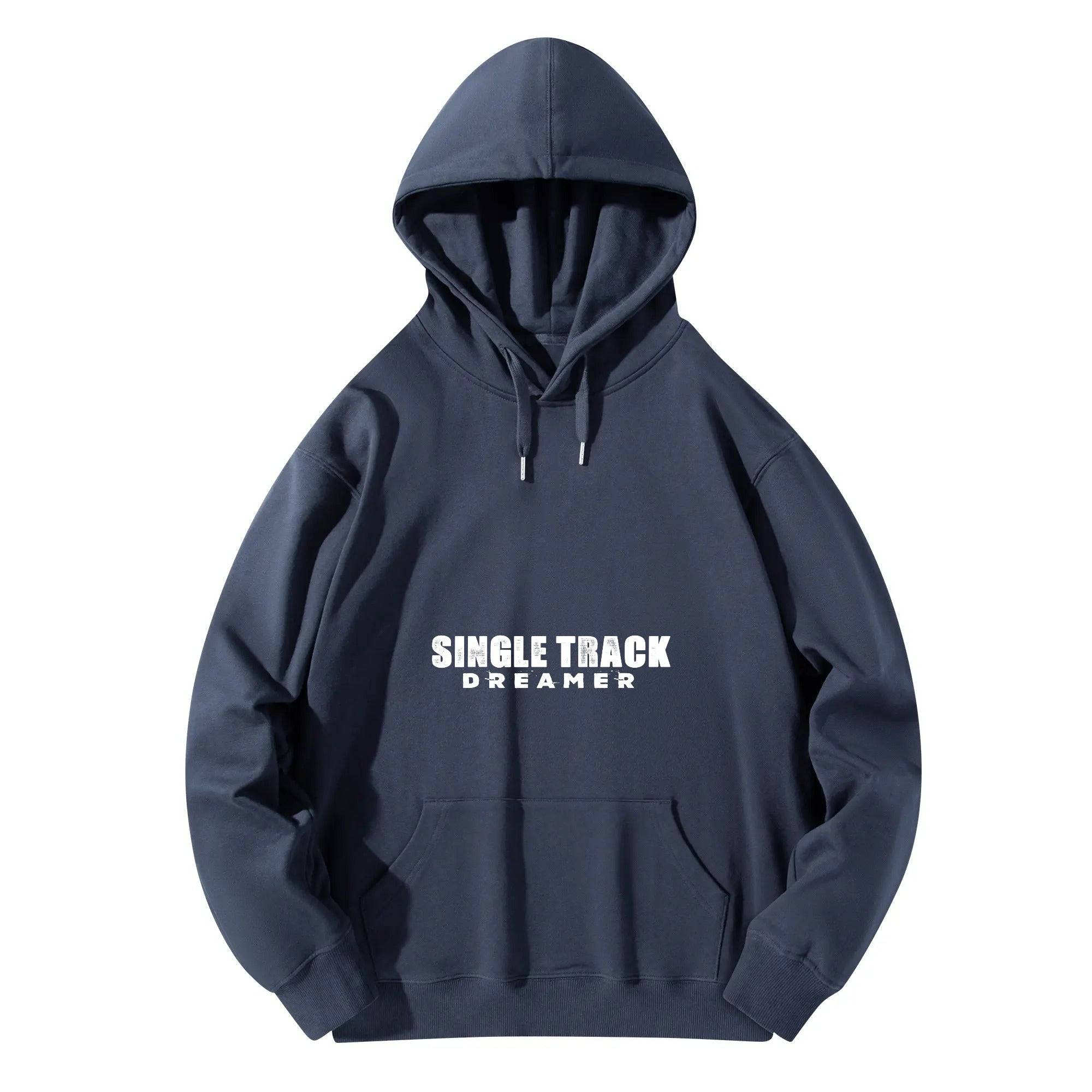 a blue sweatshirt with the words single track breaker printed on it