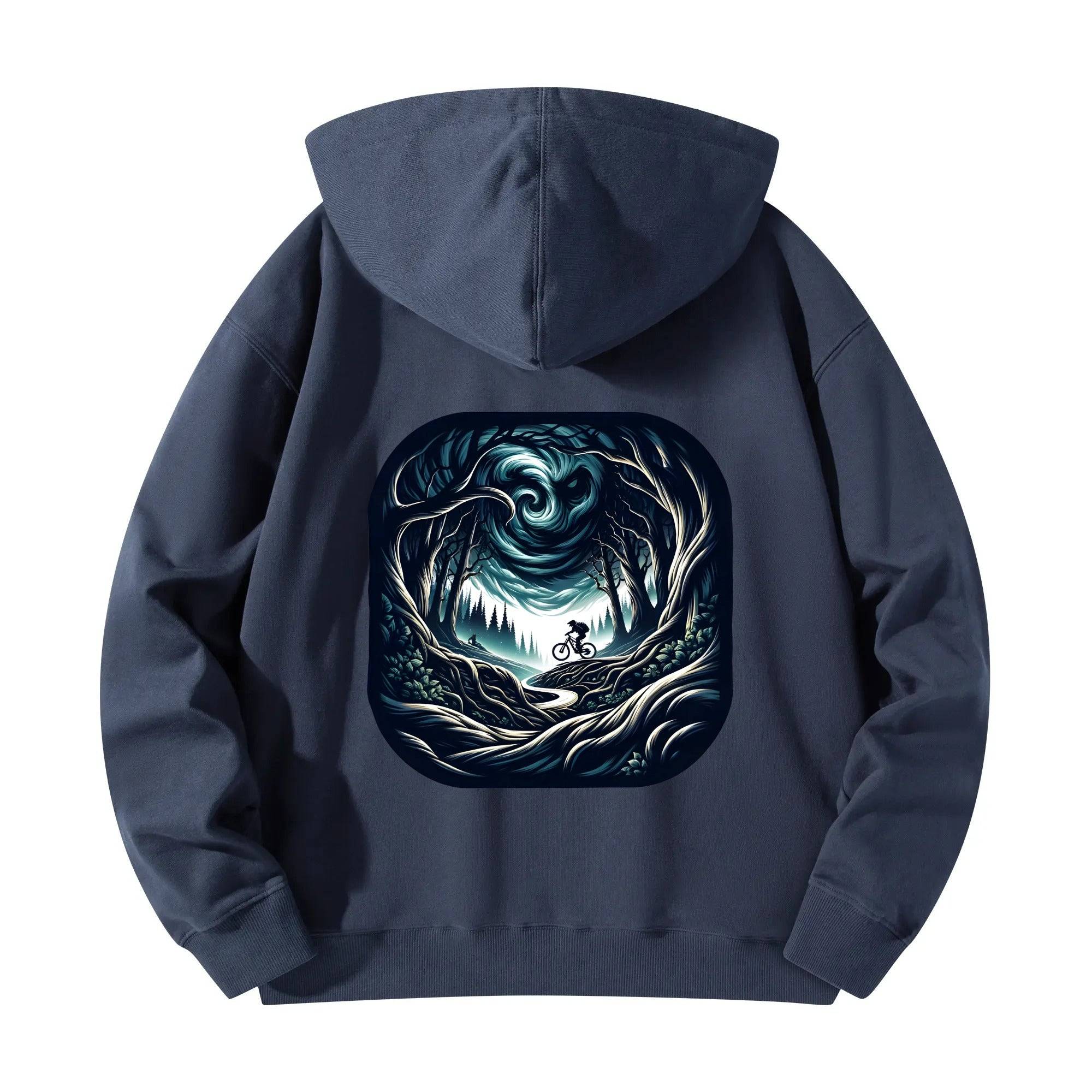 a hooded sweatshirt with an image of a man riding a bike through a tunnel