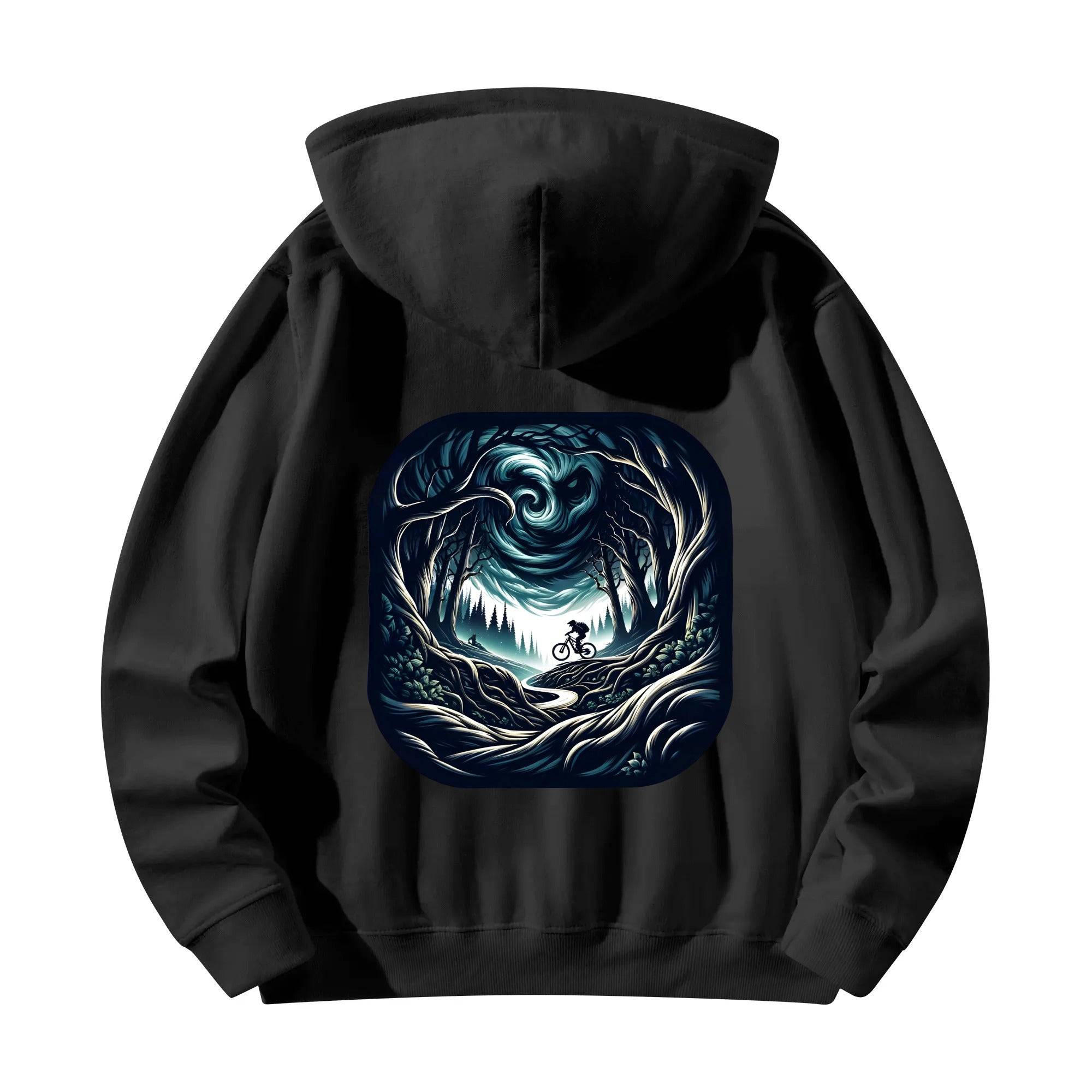 a black hoodie with an image of a man riding a bike through a tunnel
