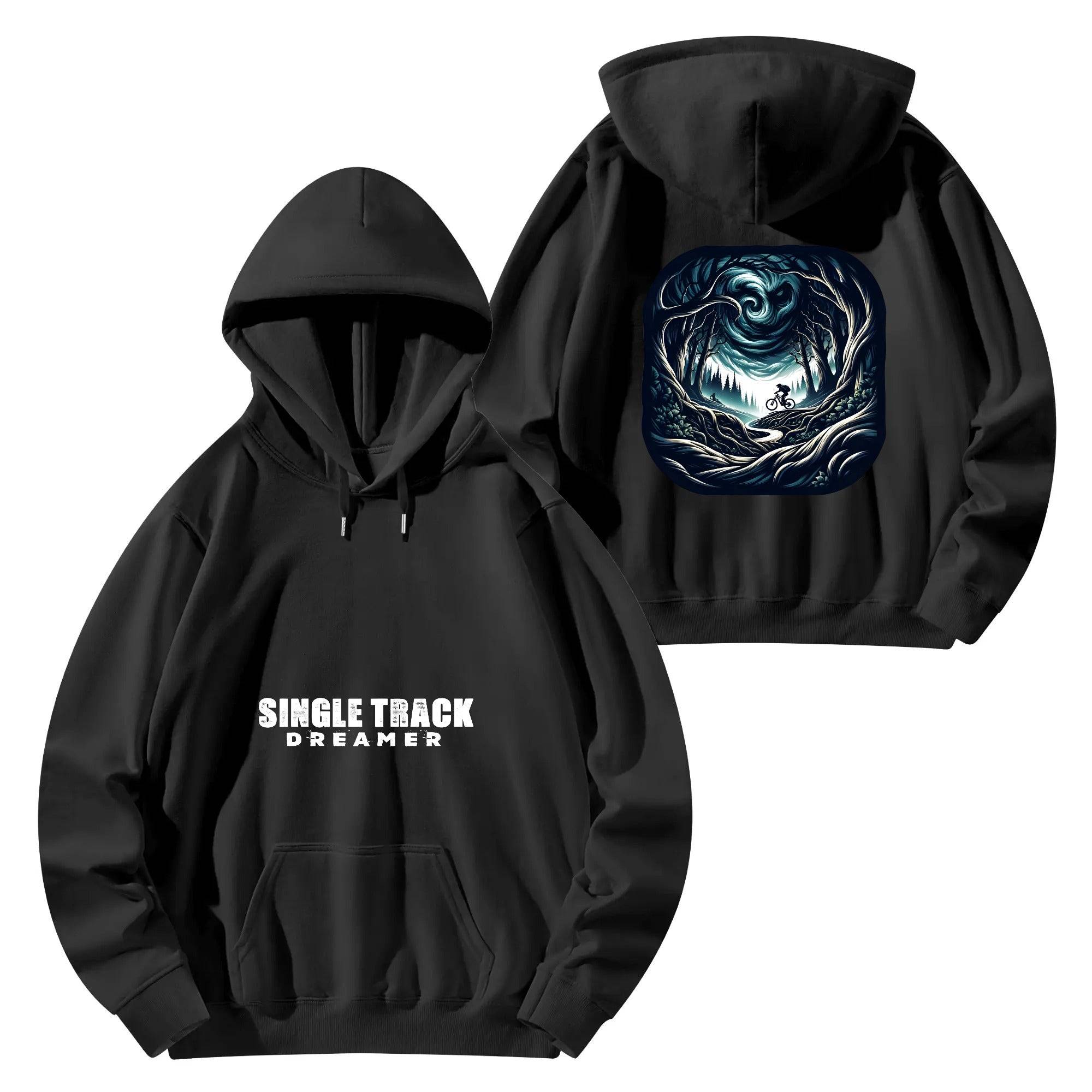 a black hoodie with a blue and white graphic on it