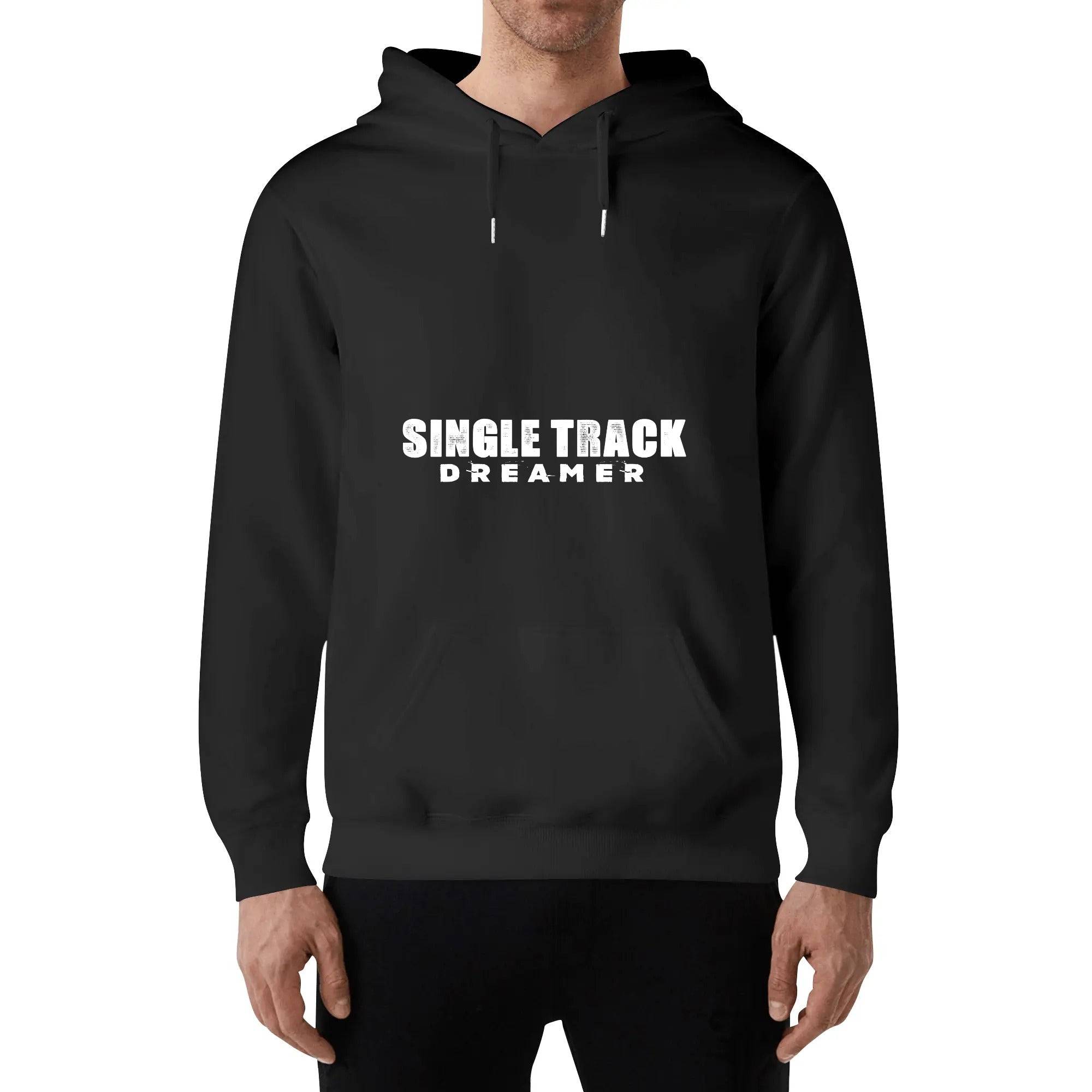 a man wearing a black hoodie that says single track dream
