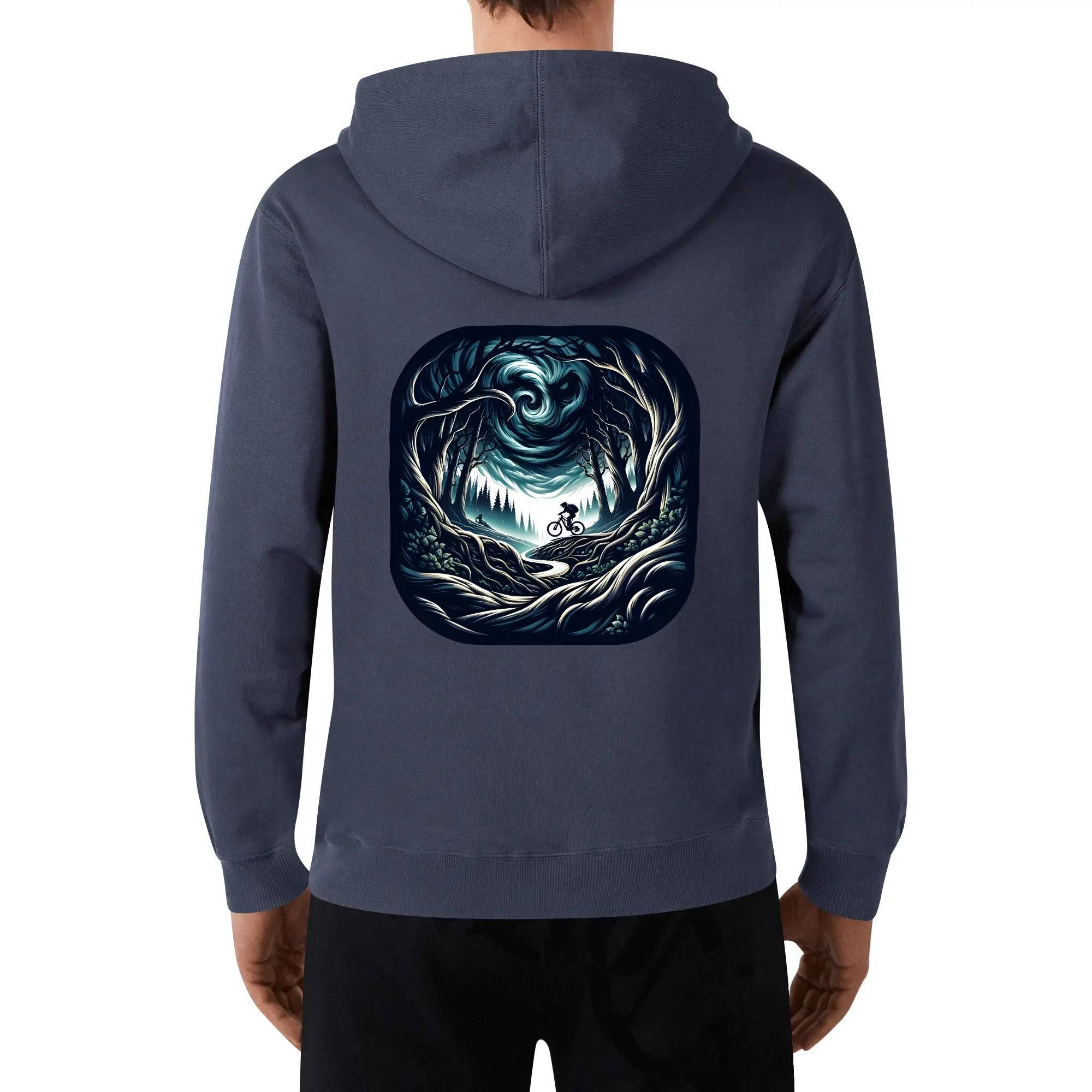 a man wearing a dark blue hoodie with a picture of a man in a