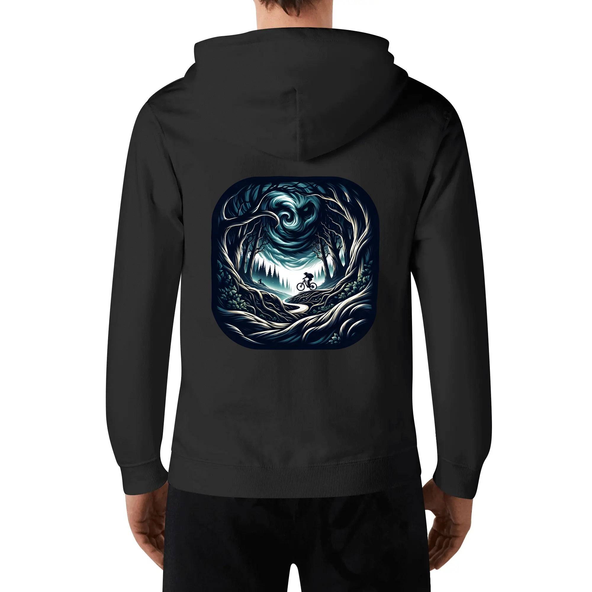 a man wearing a black hoodie with an image of a man in a forest