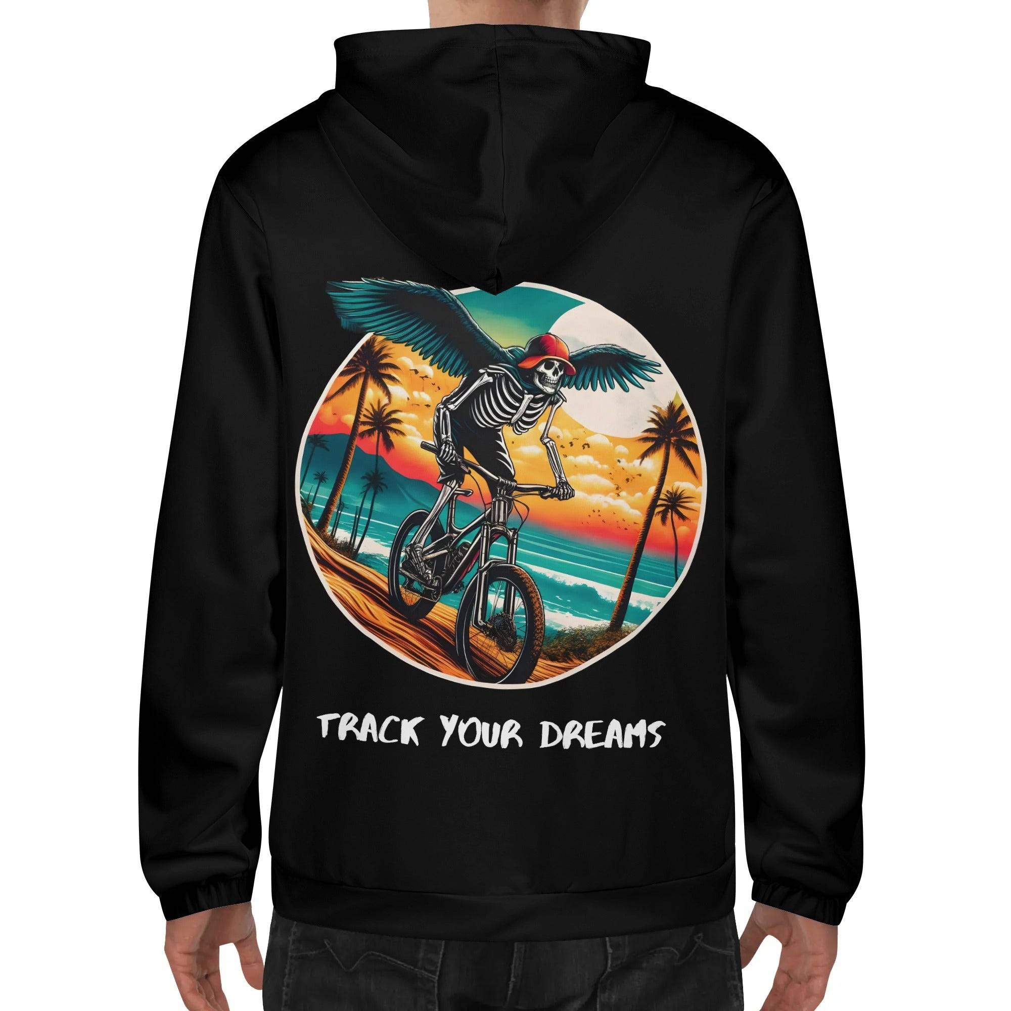 a man wearing a black hoodie with a skeleton riding a bike