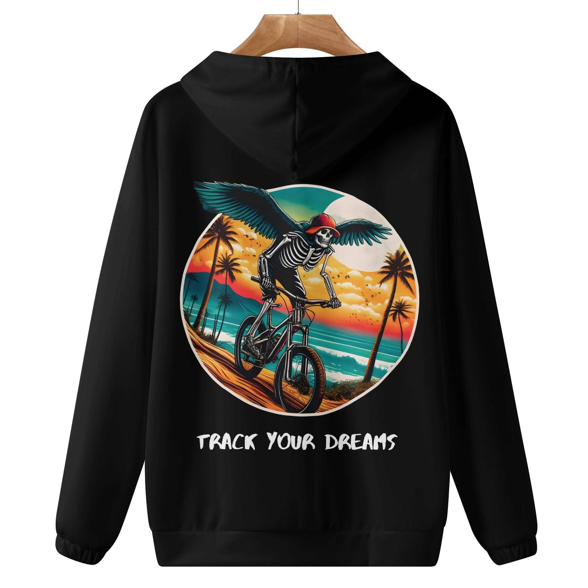 a black hoodie with a skeleton riding a bike on the beach