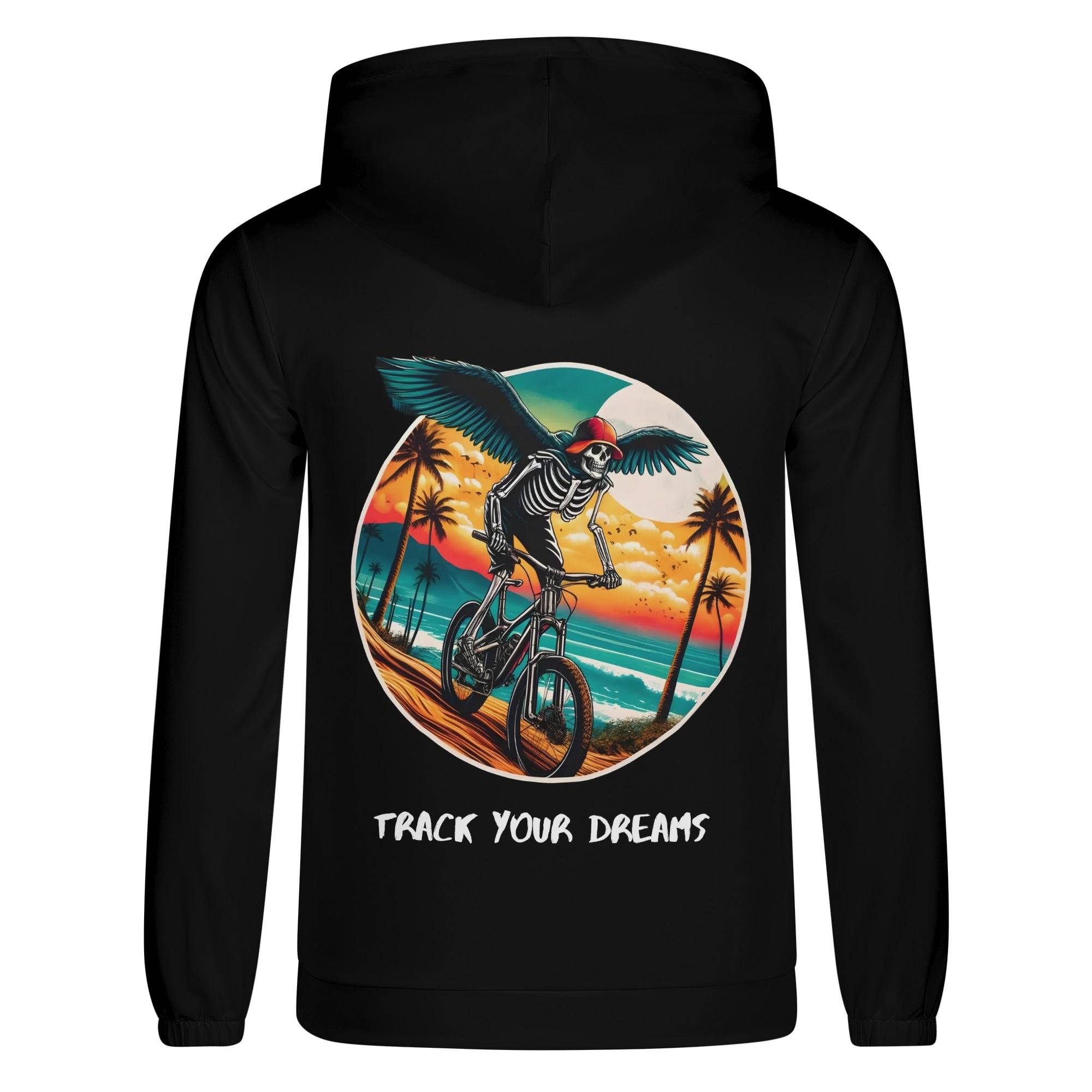 a black hoodie with an image of a skeleton riding a bike