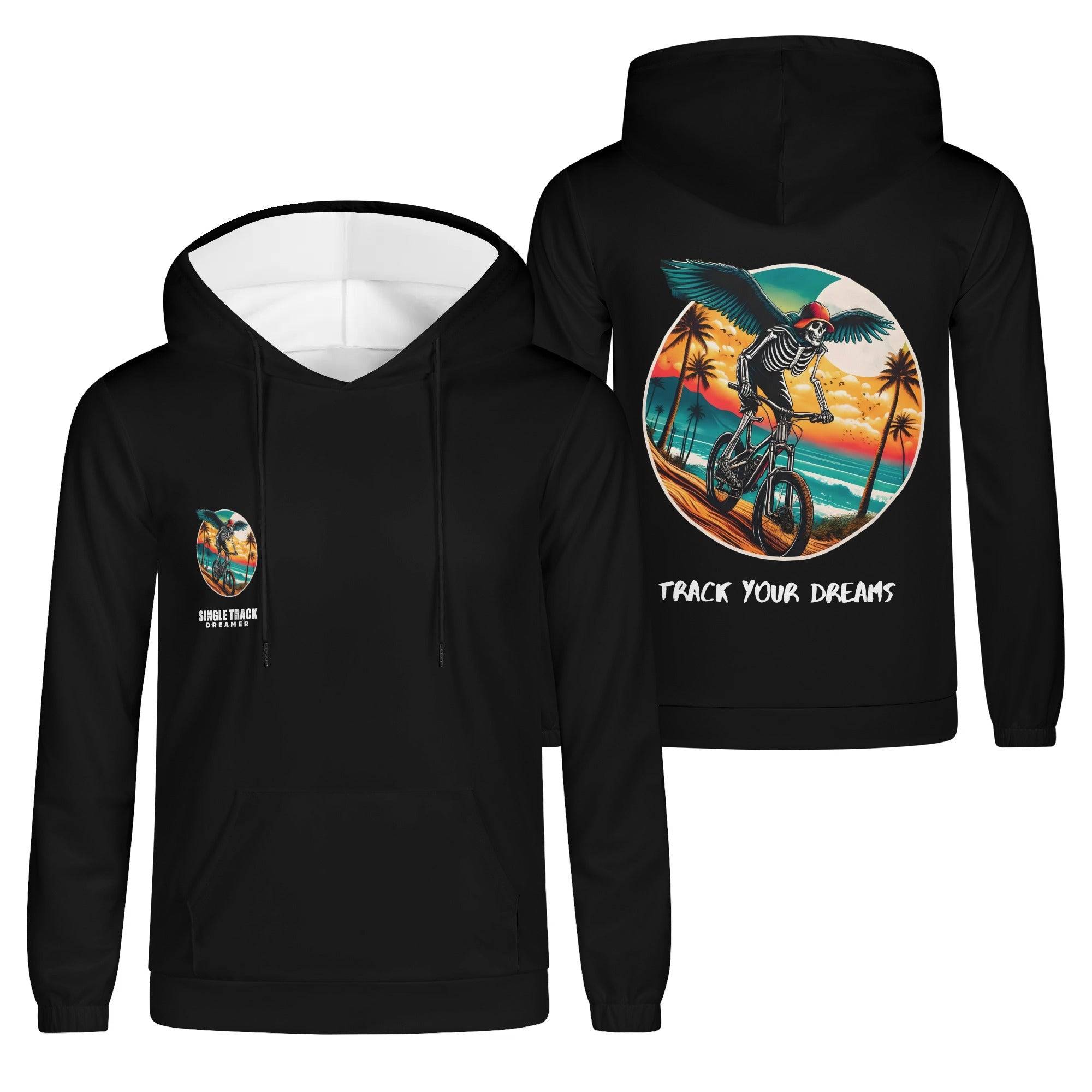 a black hoodie with a picture of a man riding a bike