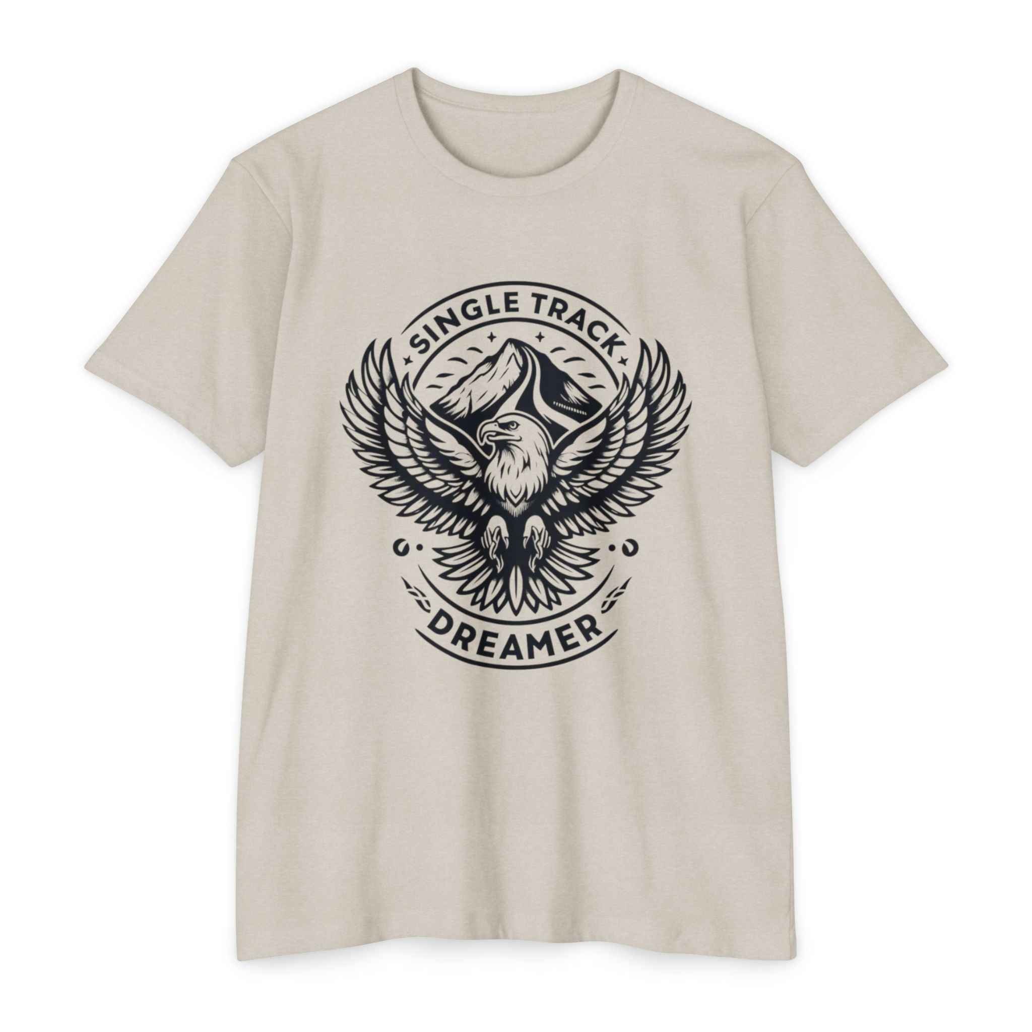 Beige Eagle Mountain Bike T-Shirt for riders with 'Single Track Dreamer' eagle and mountain graphic. Slim fit cotton tee in sizes XS to 4XL.