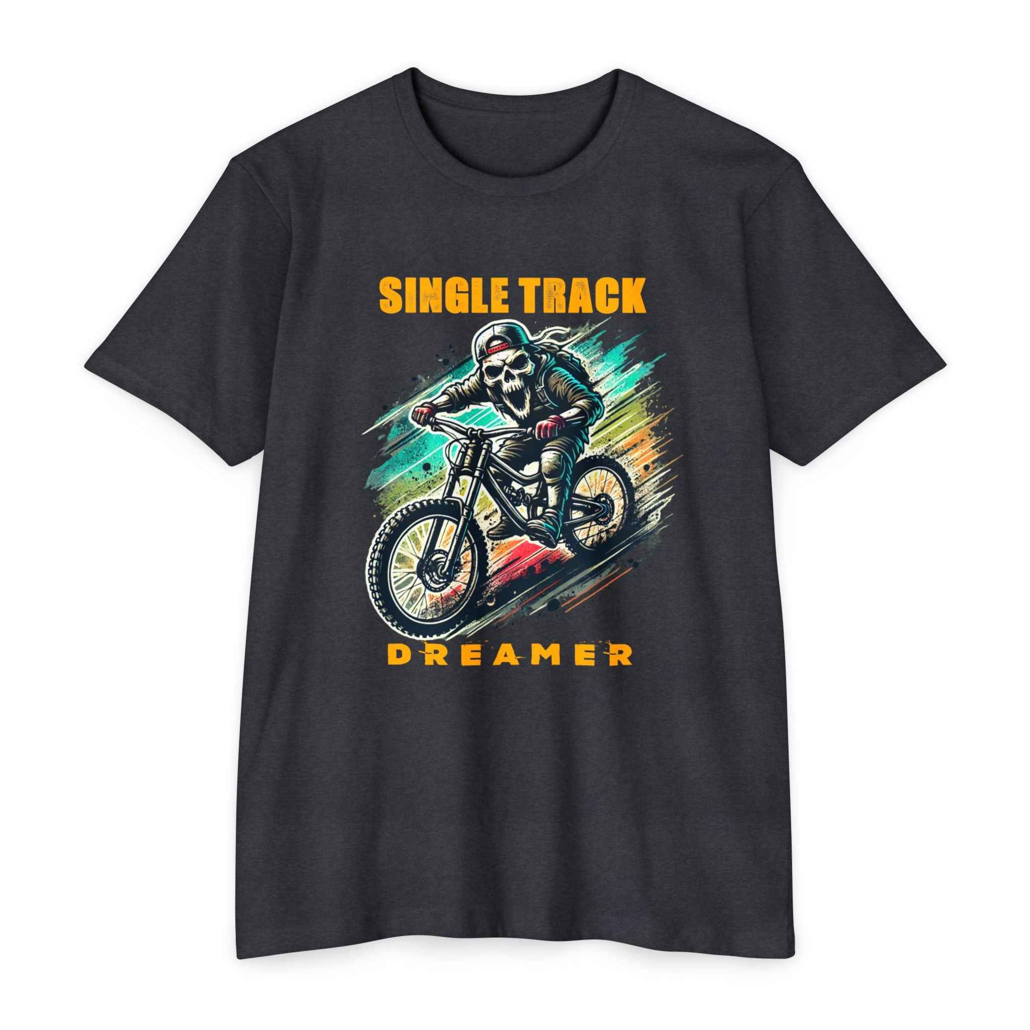 Dark gray Skull Rider – Single Track Dreamer Men’s CVC Jersey Mountain Bike T-Shirt featuring a vivid skull biker print for MTB enthusiasts.