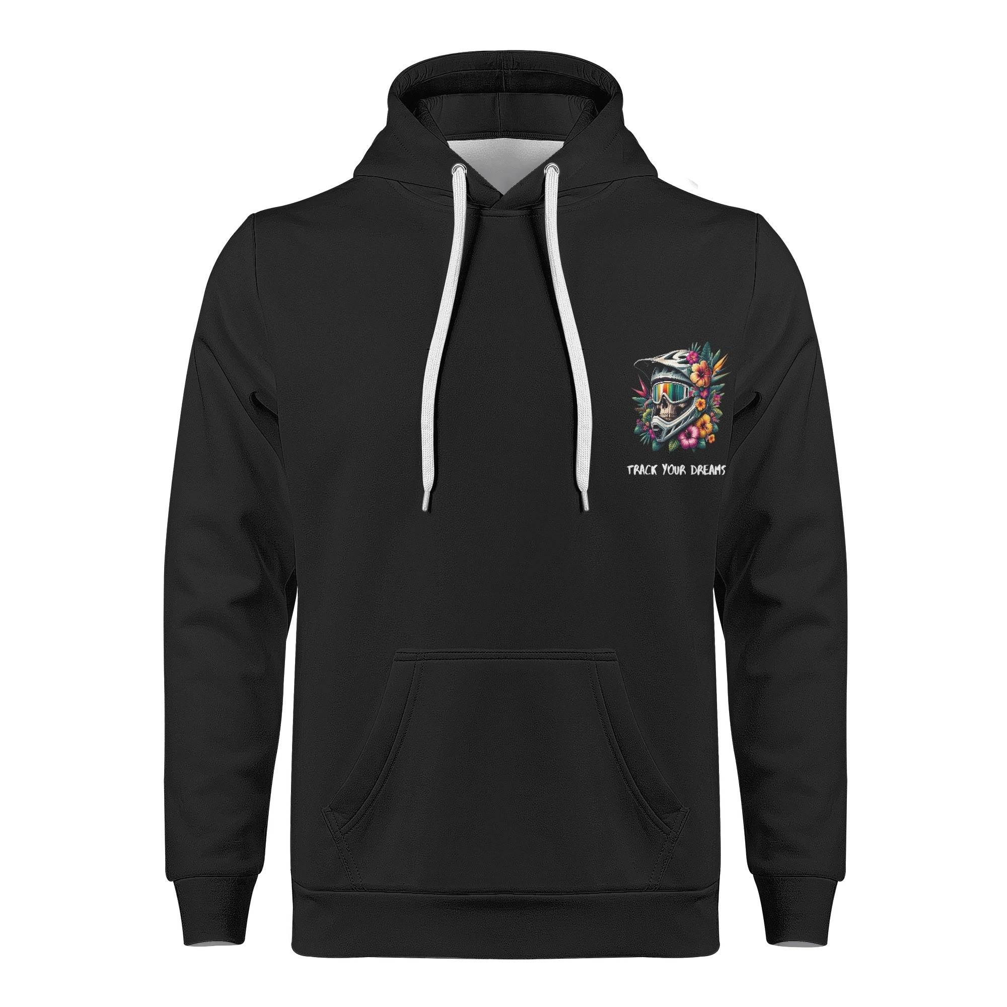 Front view of Men's Print Hoodie with kangaroo pocket and colorful chest print. Made from durable polyester for comfort and style.