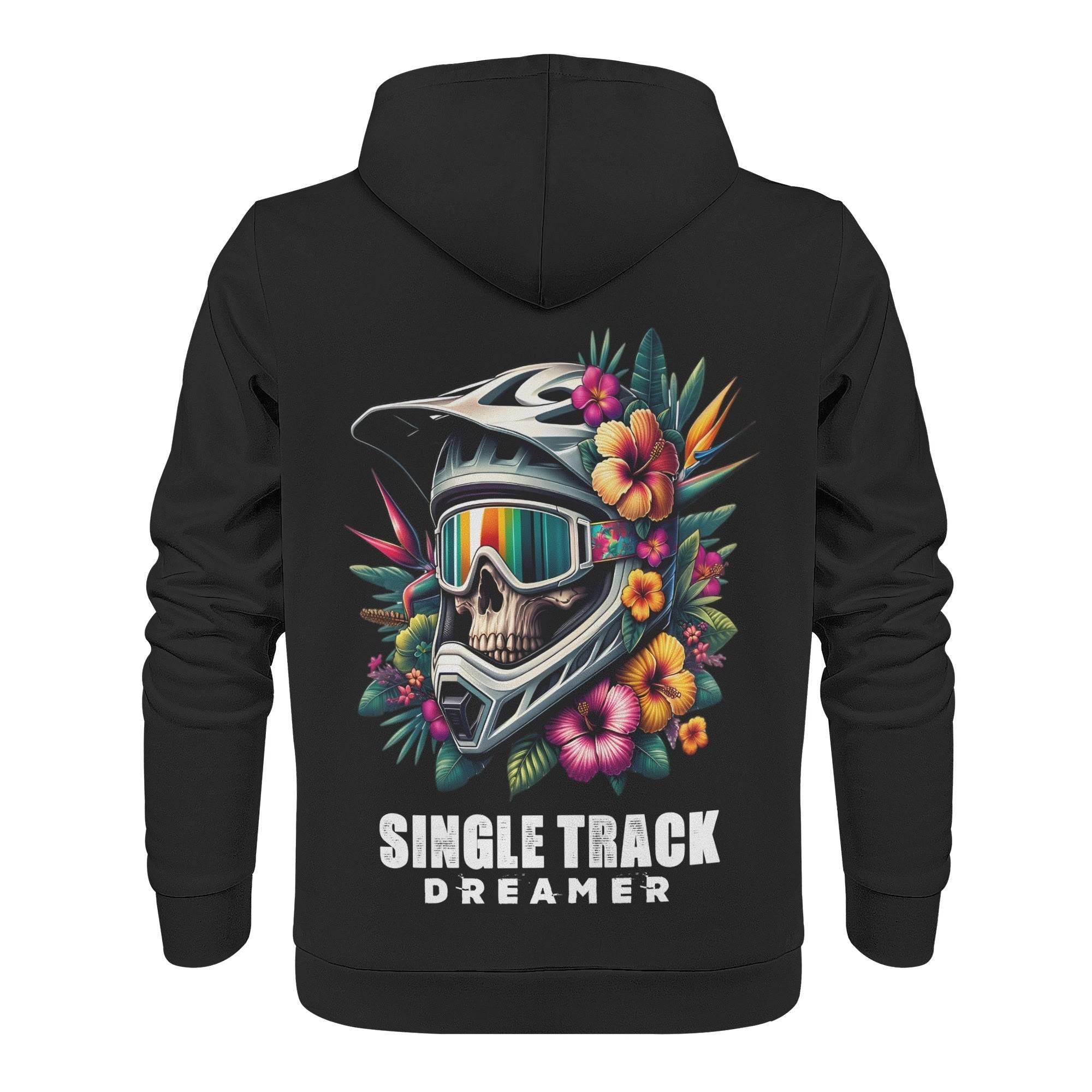 Back design of Men's Print Hoodie showing skull in helmet with tropical flowers and 'Single Track Dreamer' text. Vibrant and eye-catching.