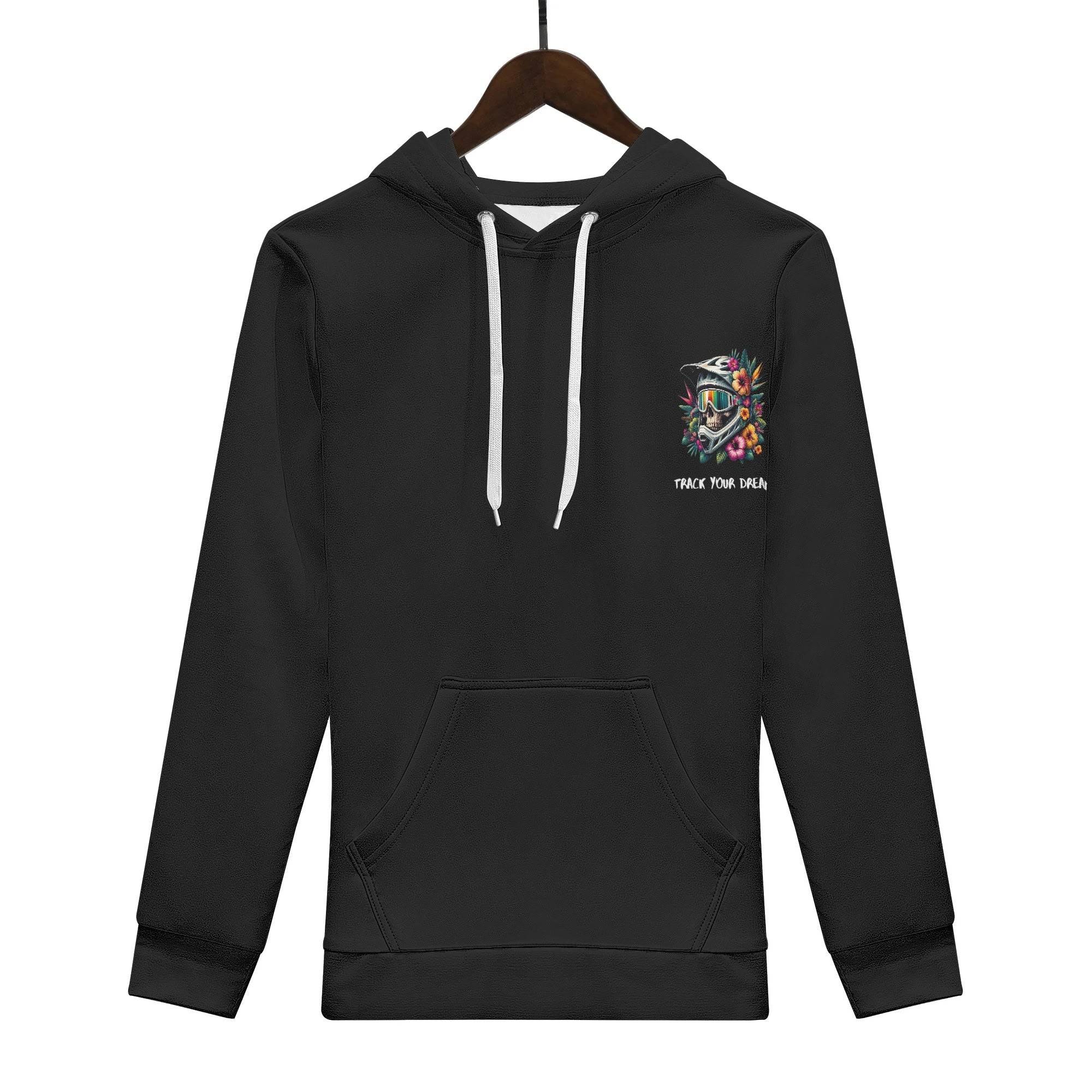 Men's Print Hoodie on hanger showing front chest print and drawstring hood. Durable polyester fabric with practical front pocket.