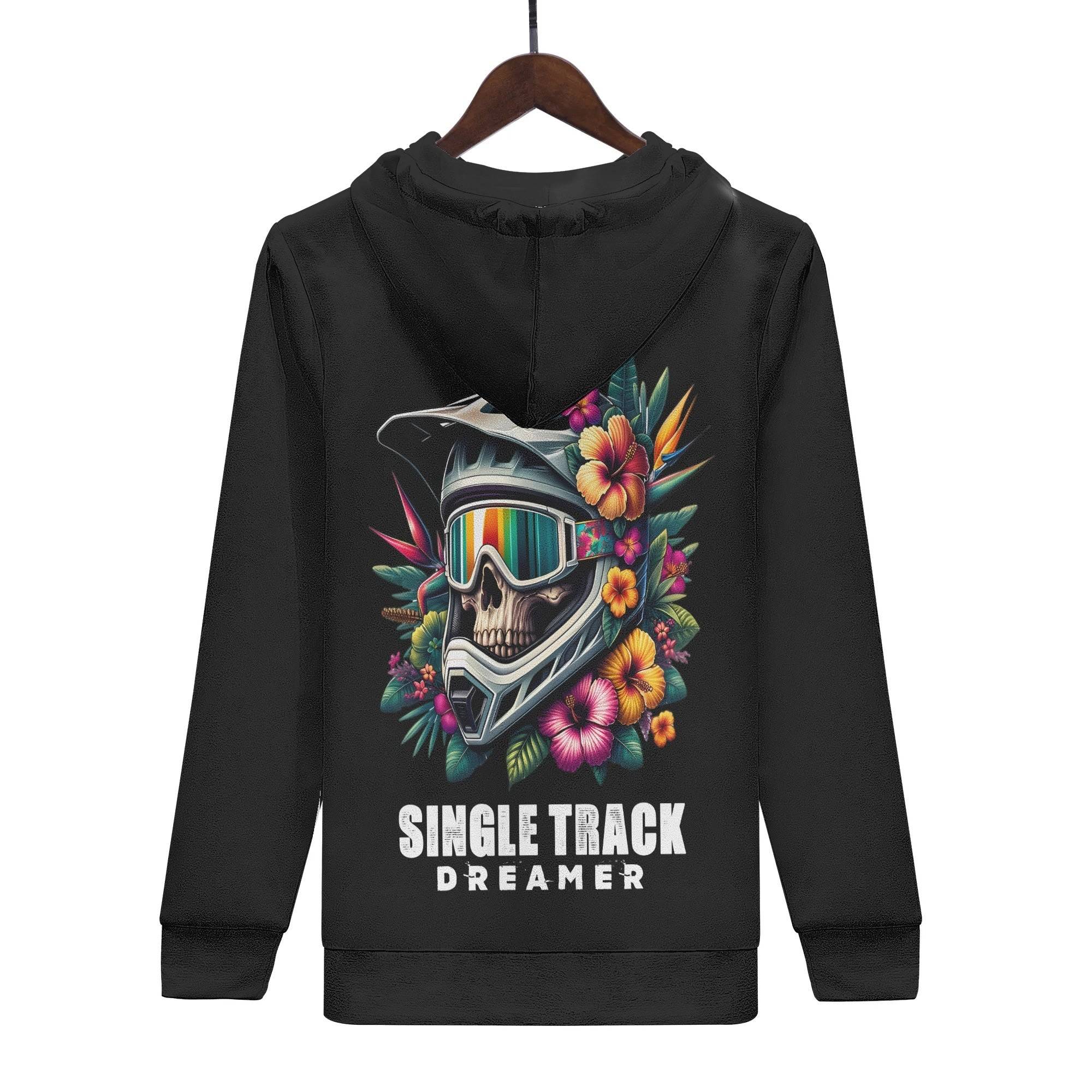 Back of Men's Print Hoodie on hanger with vivid skull and floral design. 'Single Track Dreamer' text adds bold style to casual wear.