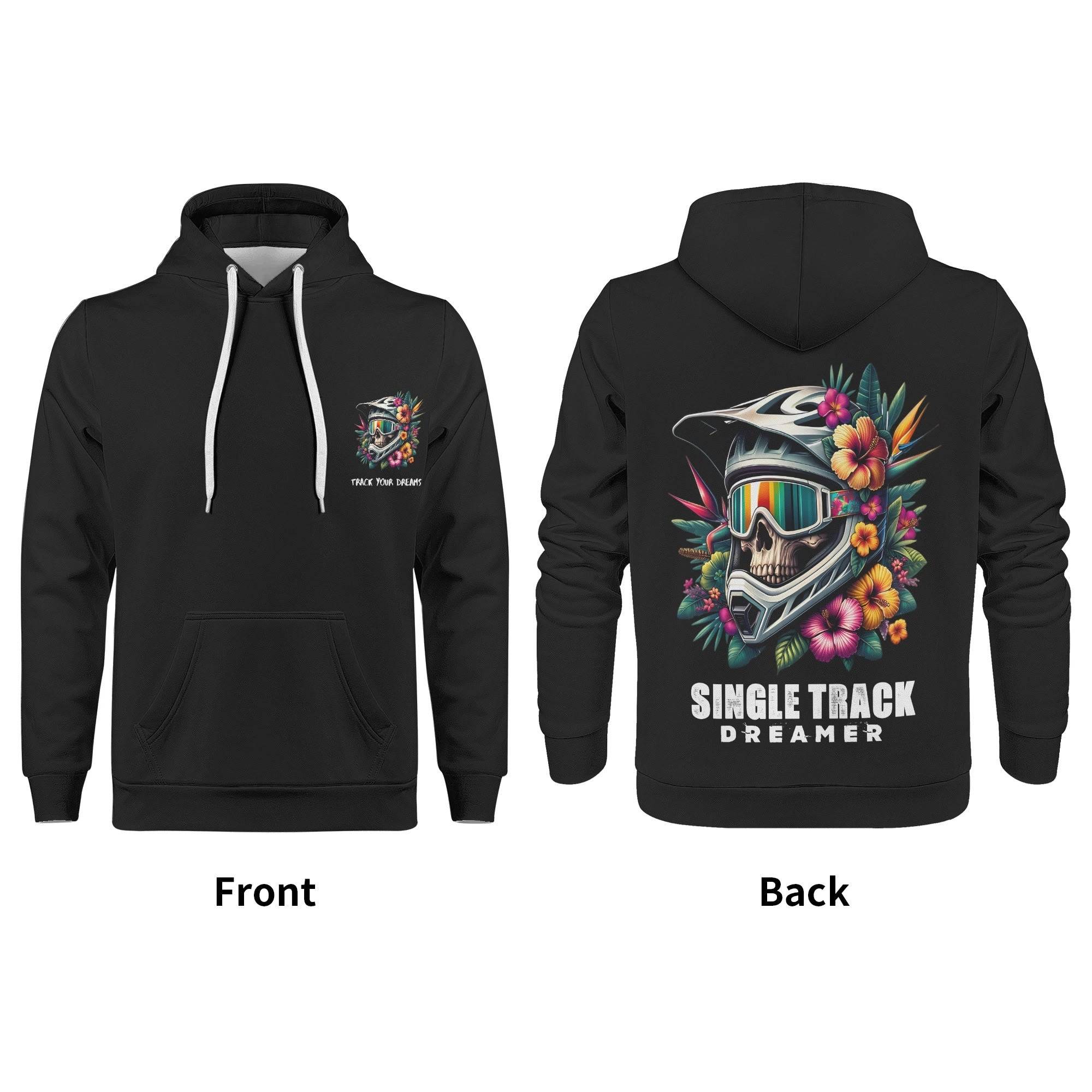 Men's Print Hoodie front and back view showing 'Track Your Dream' chest print and large back skull graphic. Stylish and practical.