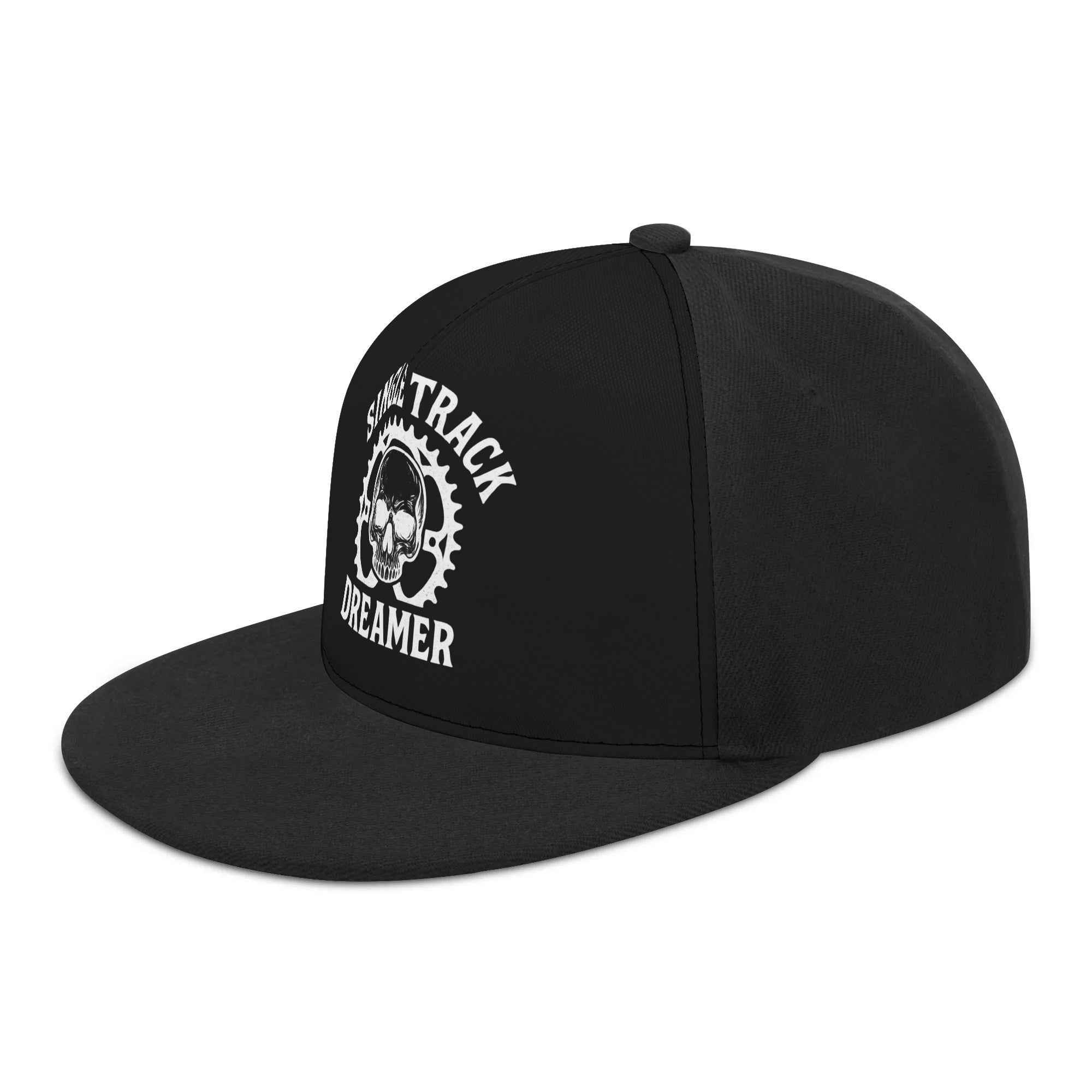 MTB Skull Logo Snapback Cap by Single Track Dreamer in black, featuring bold skull gear design on front panel, ideal for mountain biking lifestyle.