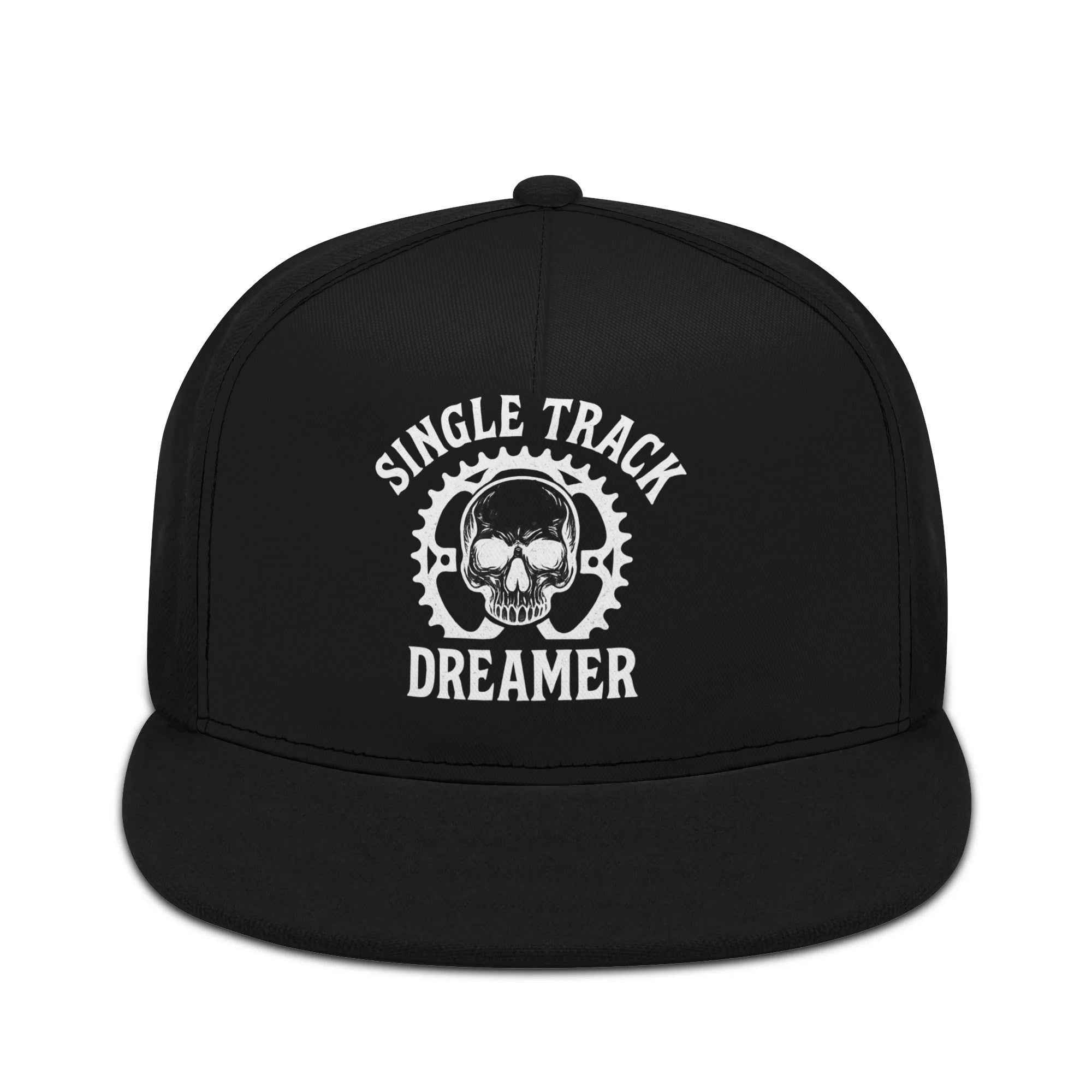 Front view of MTB Skull Logo Snapback Cap – Single Track Dreamer with white skull and gear logo, perfect for trail riders and extreme sportswear fans.