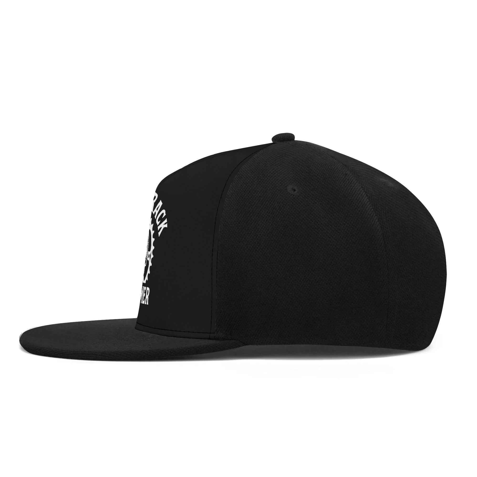 Side profile of black MTB Skull Logo Snapback Cap showing structured fit and flat brim, designed for mountain biking and outdoor adventure style.