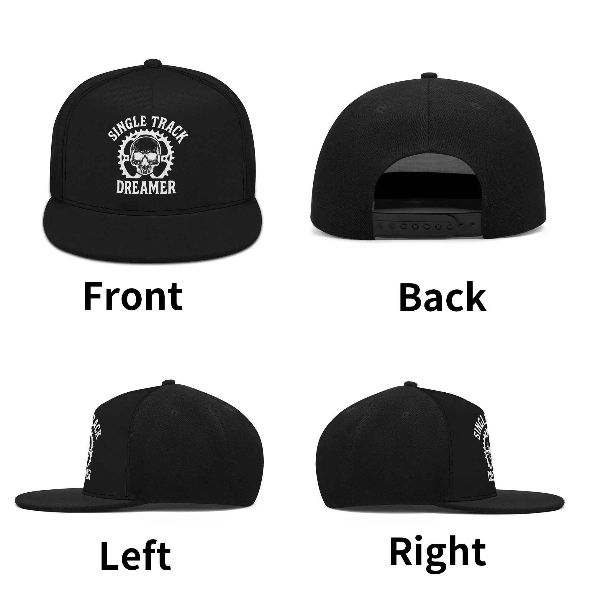 Multi-angle view of MTB Skull Logo Snapback Cap including front, back, left, and right sides, showcasing full design and adjustable snap closure.