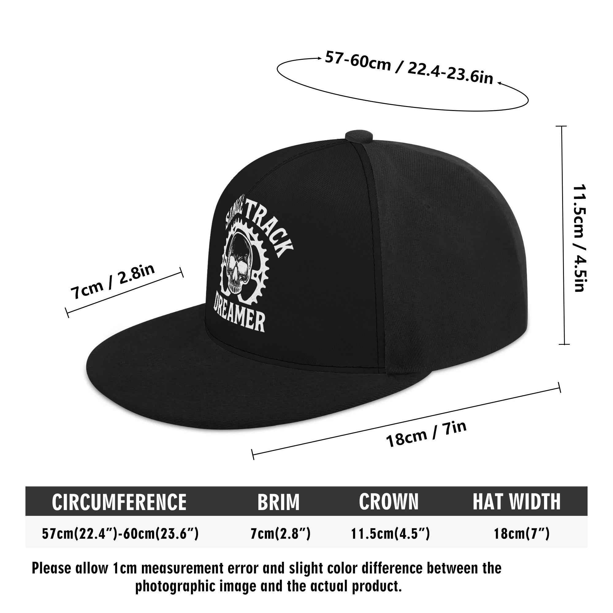MTB Skull Logo Snapback Cap with detailed size chart showing brim, crown, and circumference dimensions, ideal for unisex mountain biking apparel.