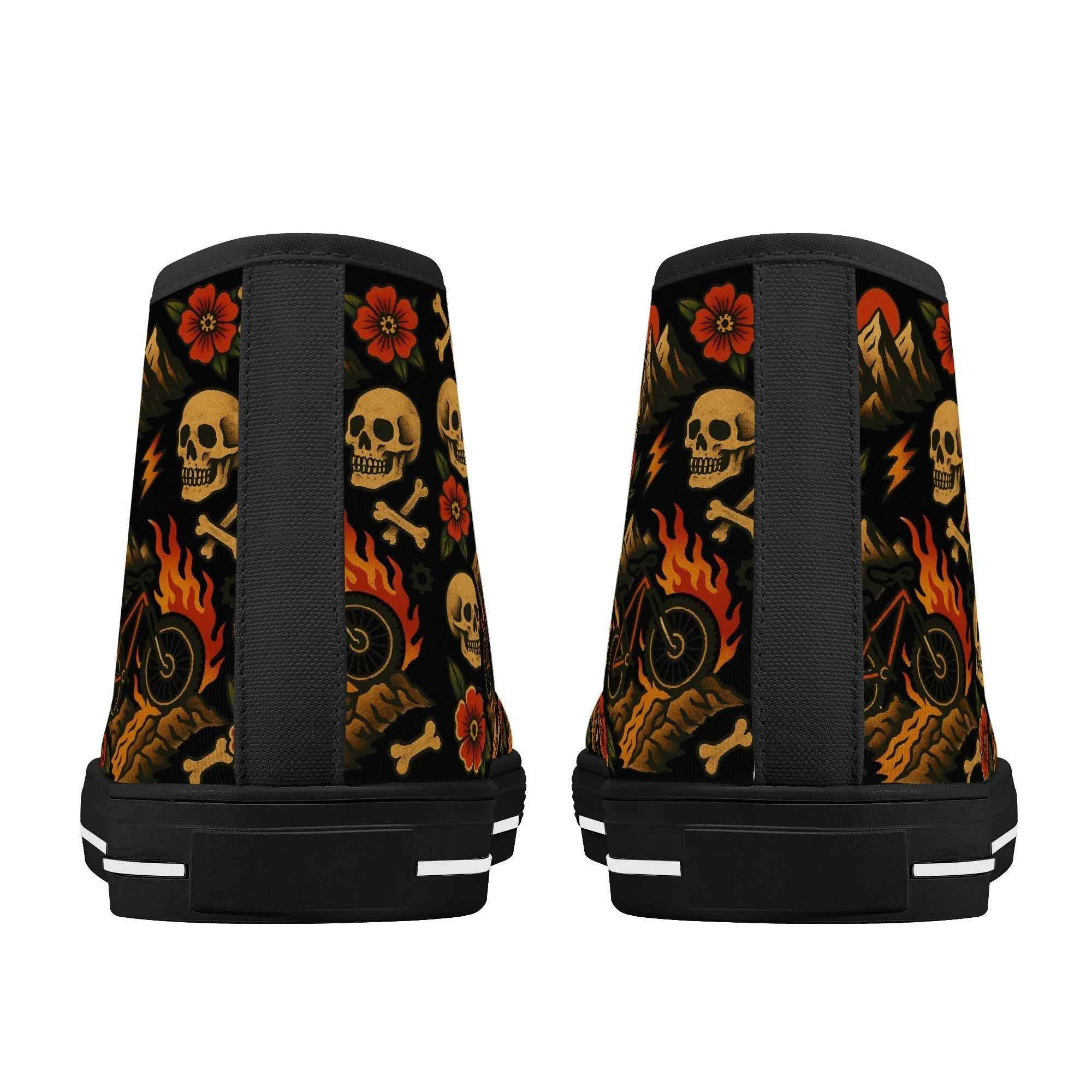 Back view of Men’s High Top Canvas Shoes with flaming skull and mountain bike graphics, showcasing durable heel design and bold biker aesthetic.