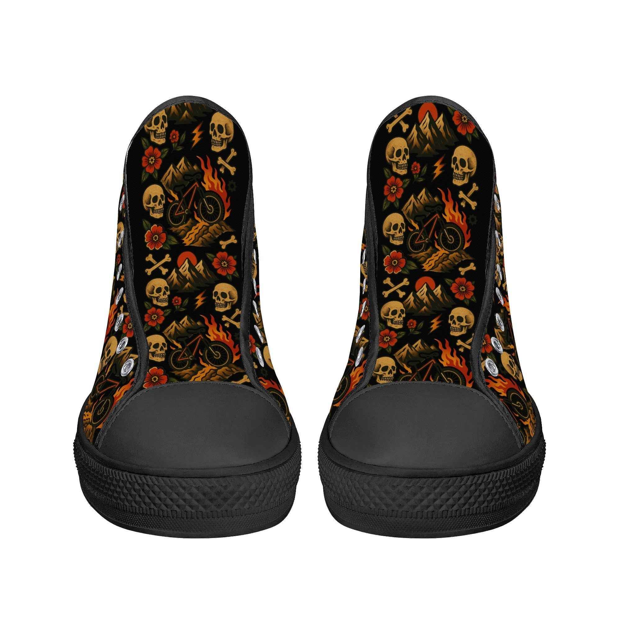 Front view of Flaming Skull MTB High Tops with custom printed tongue and lace-up design, perfect for trail riders and streetwear enthusiasts.