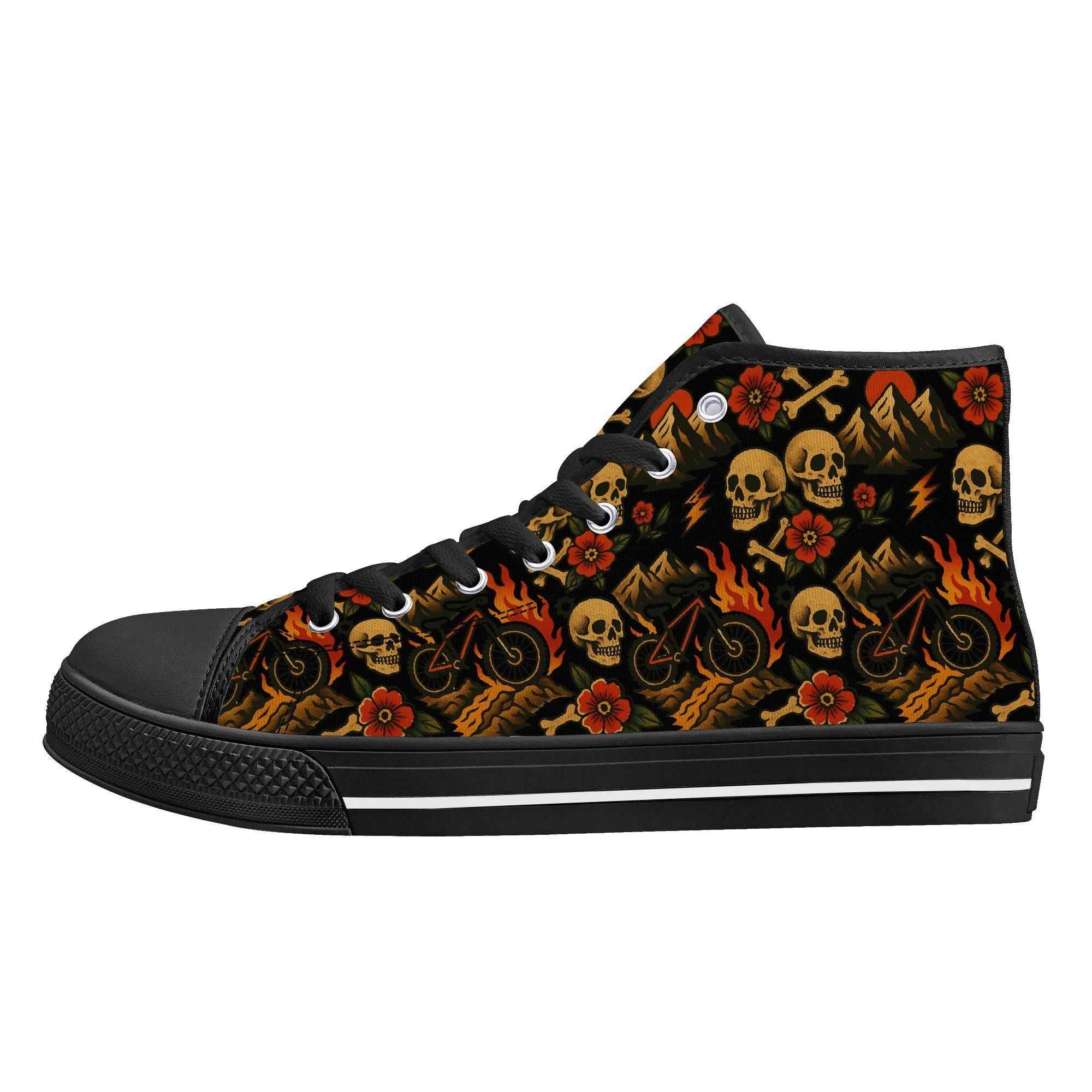 Left side of Men’s High Top Canvas Shoes with flaming skulls, bikes, and tattoo-style flowers, combining biker fashion with durable streetwear.