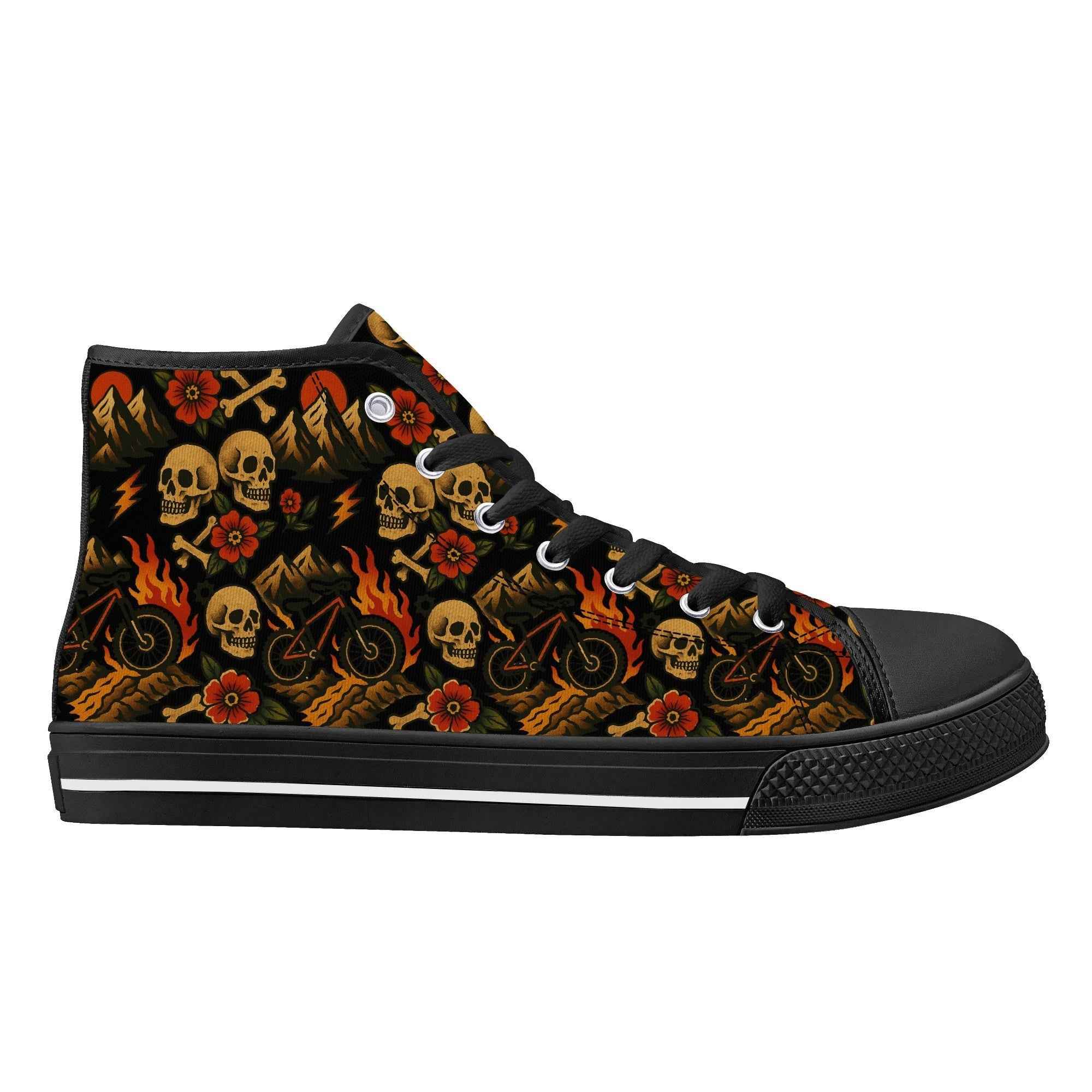Right outside view of Flaming Skull Men’s High Tops with vibrant skull, flame, and mountain graphics, perfect for adventurous streetwear looks.