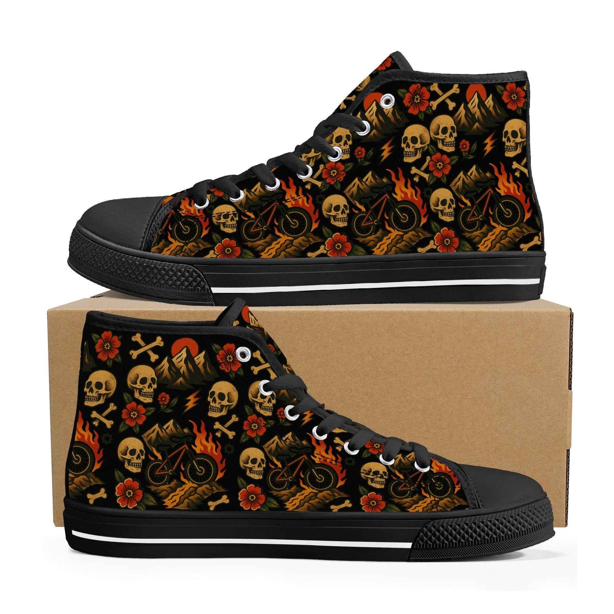 Pair of Men’s High Top Canvas Shoes | Flaming Skull MTB Edition displayed on box, showcasing full graphic design and rugged rubber sole.