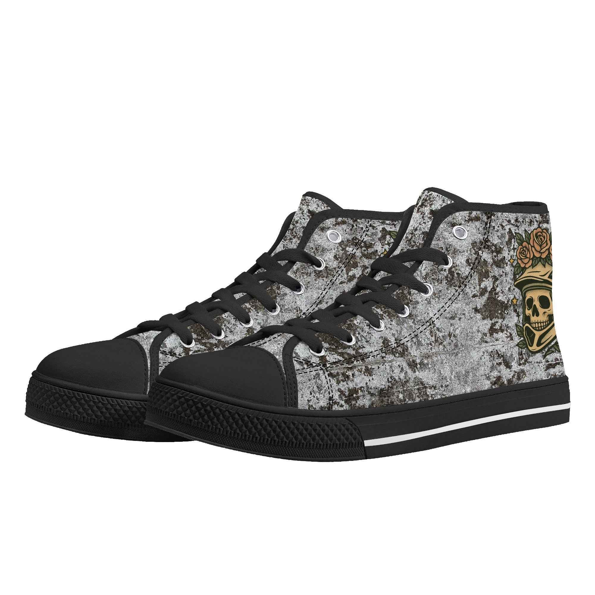 Skull Crown High Top Sneakers with grunge texture and skull-crown graphic, ideal for bold riders seeking edgy streetwear style.
