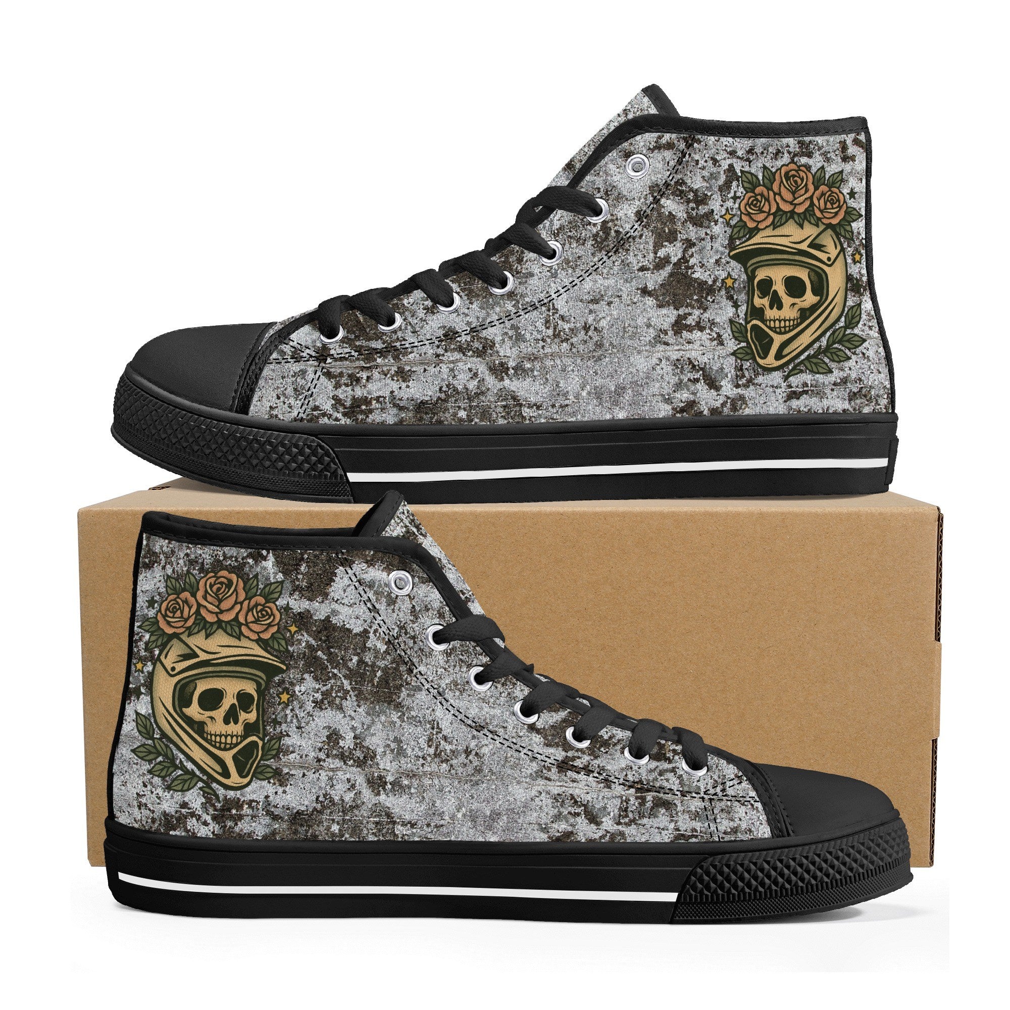 Pair of Skull Crown High Top Sneakers displayed on a box, showcasing bold skull design and rugged canvas for street style shoes.