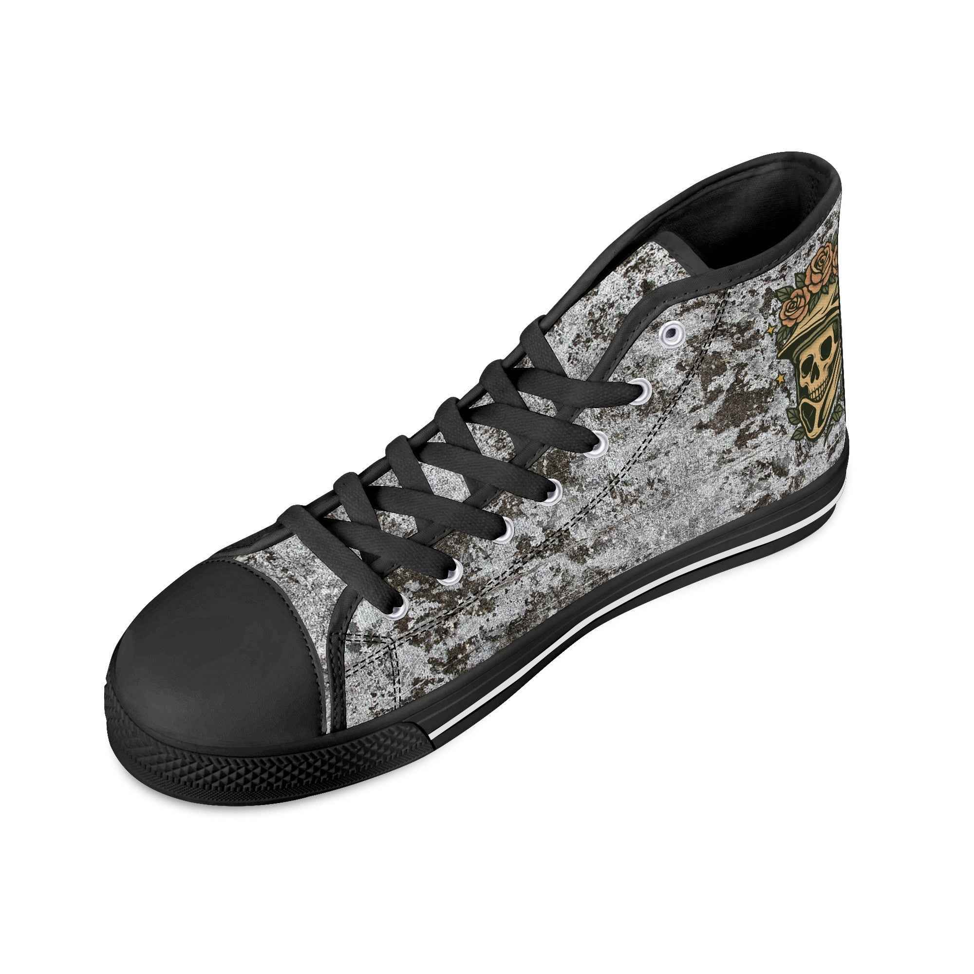 Angled view of Skull Crown Sneakers showing black laces, toe cap, and detailed skull crown print for edgy fashion footwear.