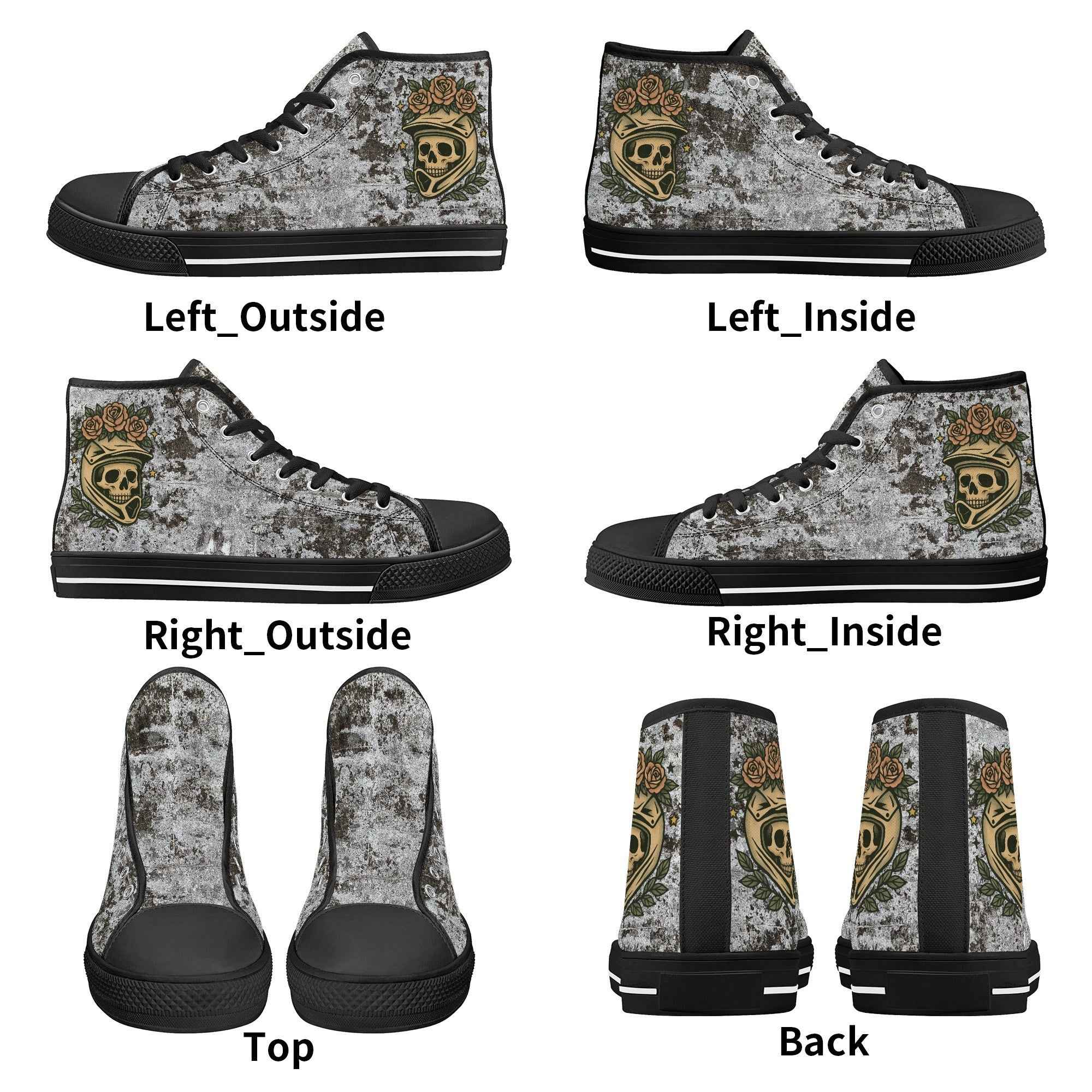 Multi-angle display of Skull Crown High Tops including top, back, and side views for a complete look at custom printed sneakers.