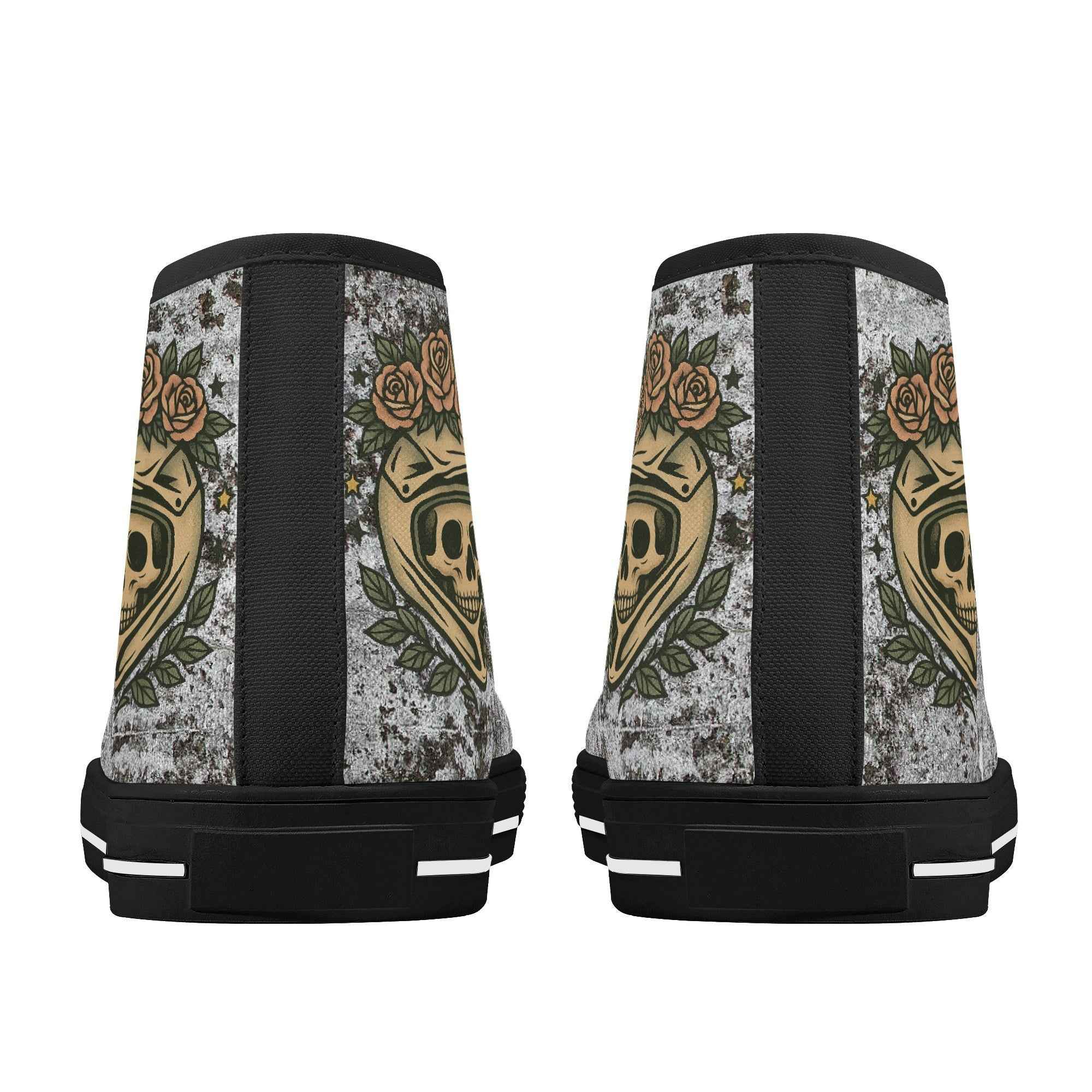 Back view of Skull Crown Sneakers featuring crown skull artwork and floral accents on a distressed background for rebel style.