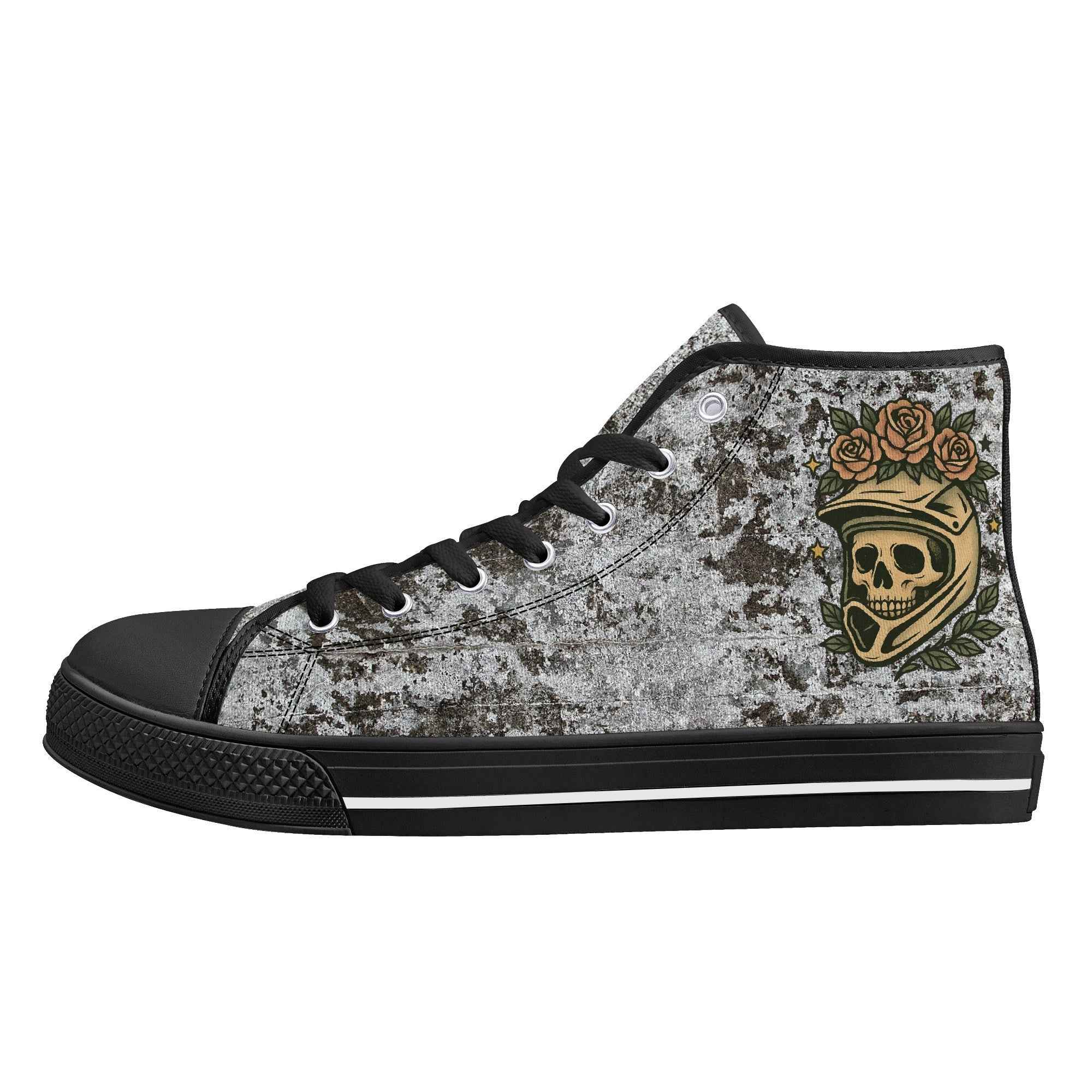 Left side of Skull Crown Sneakers showcasing skull with crown and roses on a textured canvas, perfect for biker style shoes.