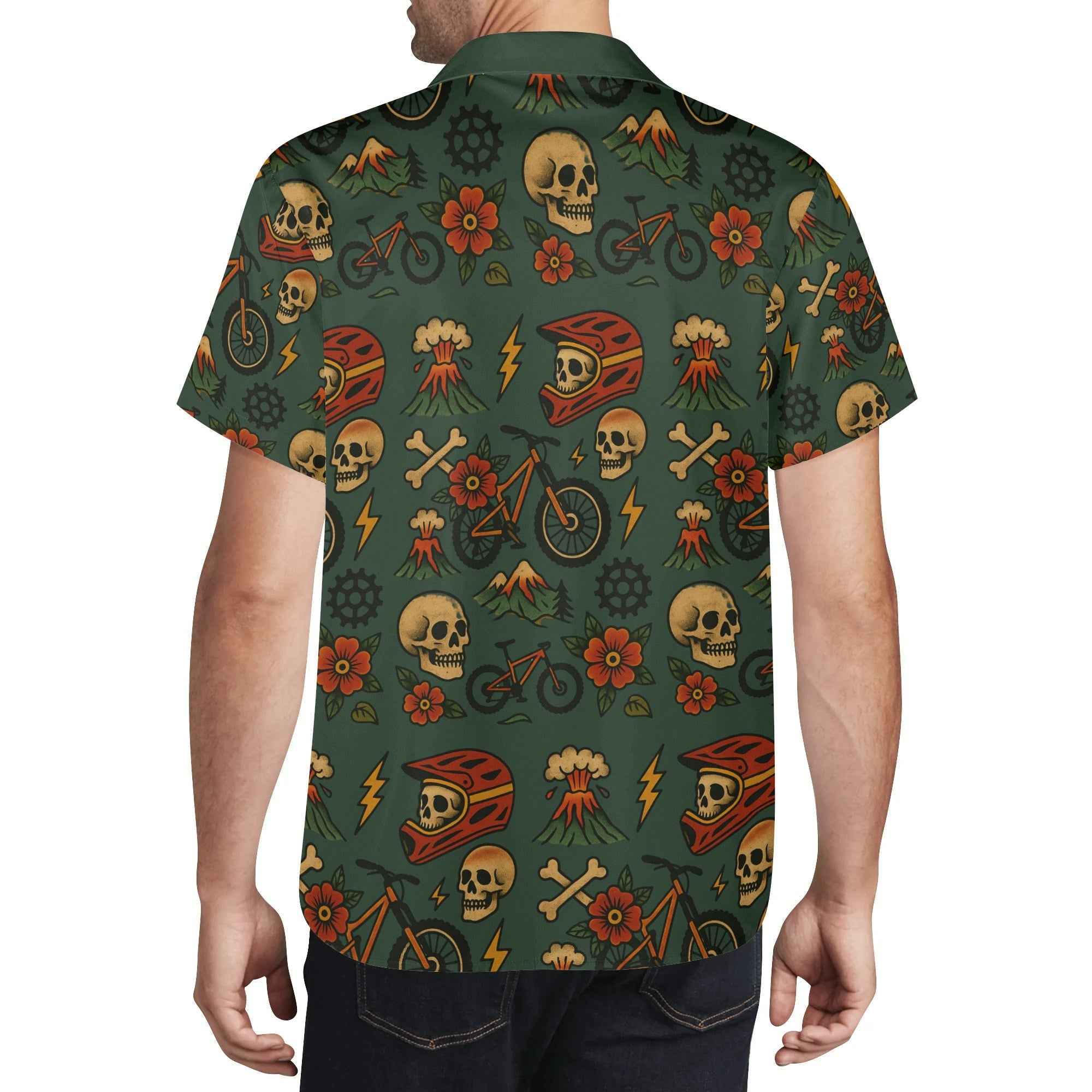 Back view of Mountain Bike Skull Shirt - Hawaiian Style Riders with skulls, bikes, and volcano motifs in a tropical pattern for cycling fans.