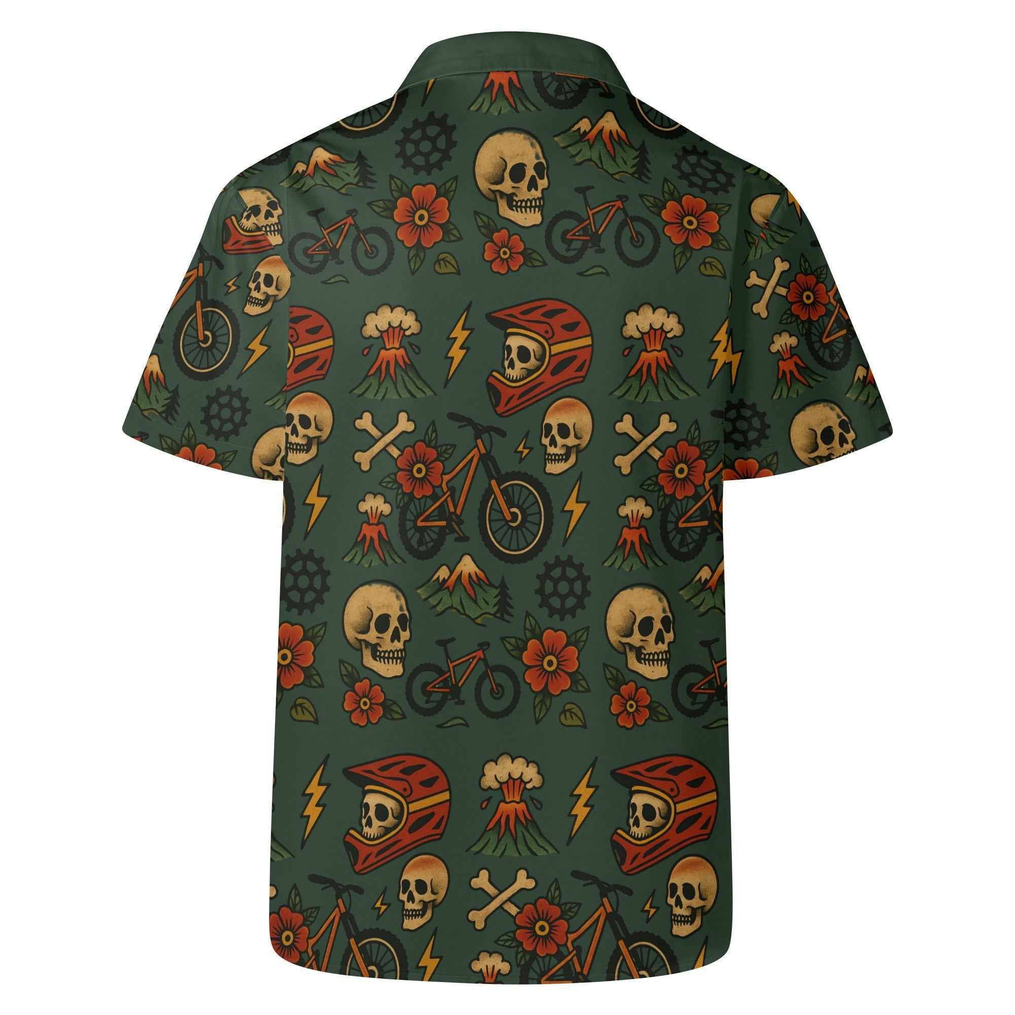 Back flat lay of Mountain Bike Skull Shirt - Hawaiian Style Riders showing full tropical and skull-themed print for MTB enthusiasts.